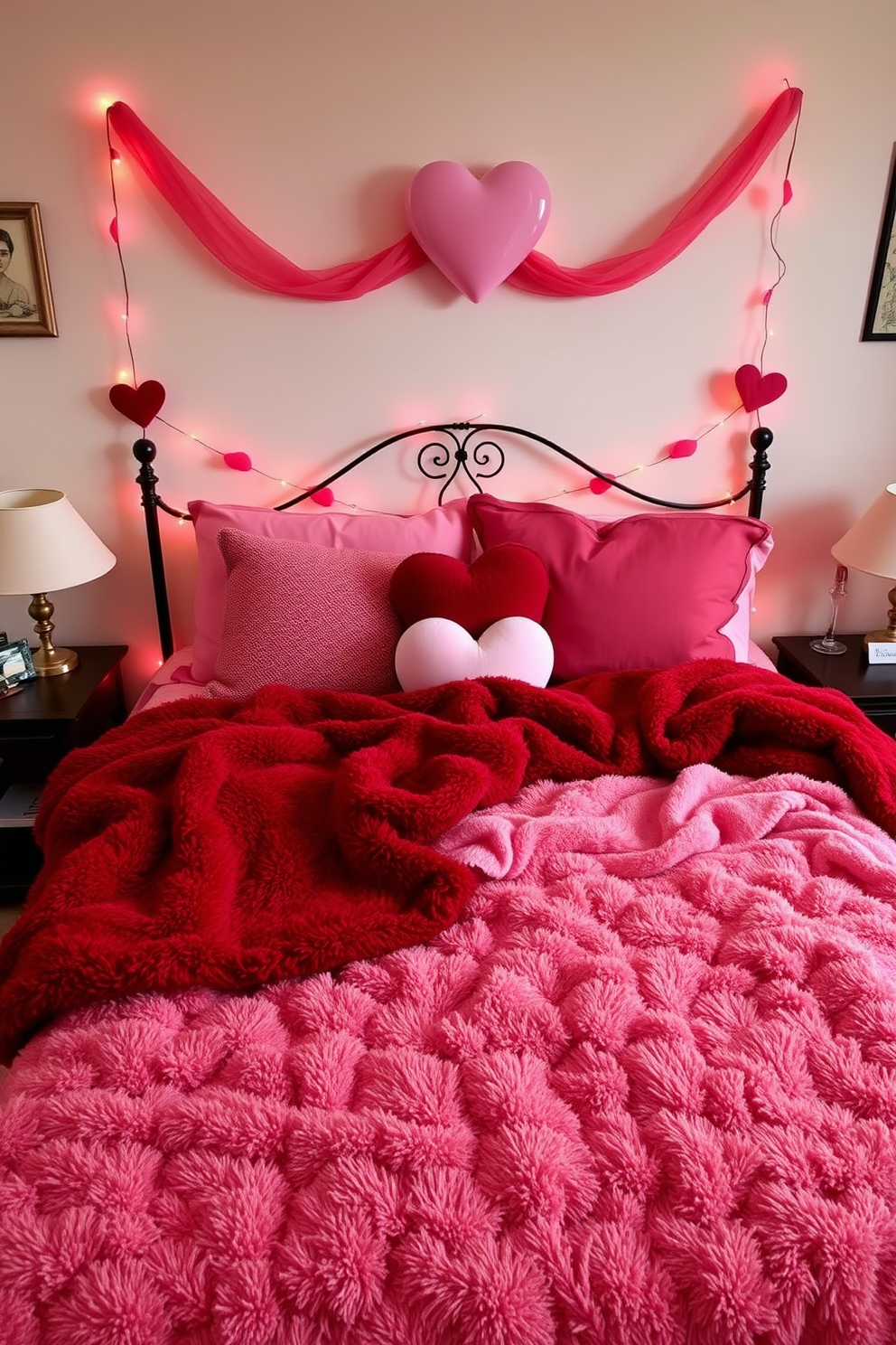 A cozy bedroom setting decorated for Valentine's Day. The bed is adorned with plush red and pink blankets, creating a warm and inviting atmosphere.