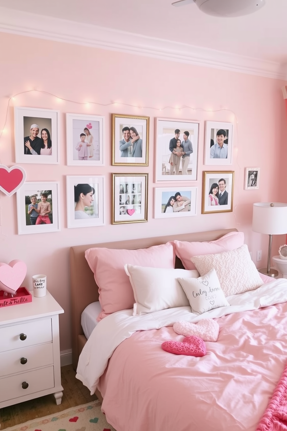 A cozy bedroom adorned with framed photos of cherished memories displayed on a gallery wall. Soft pastel colors dominate the decor, with heart-shaped accents and romantic touches for a Valentine's Day theme.