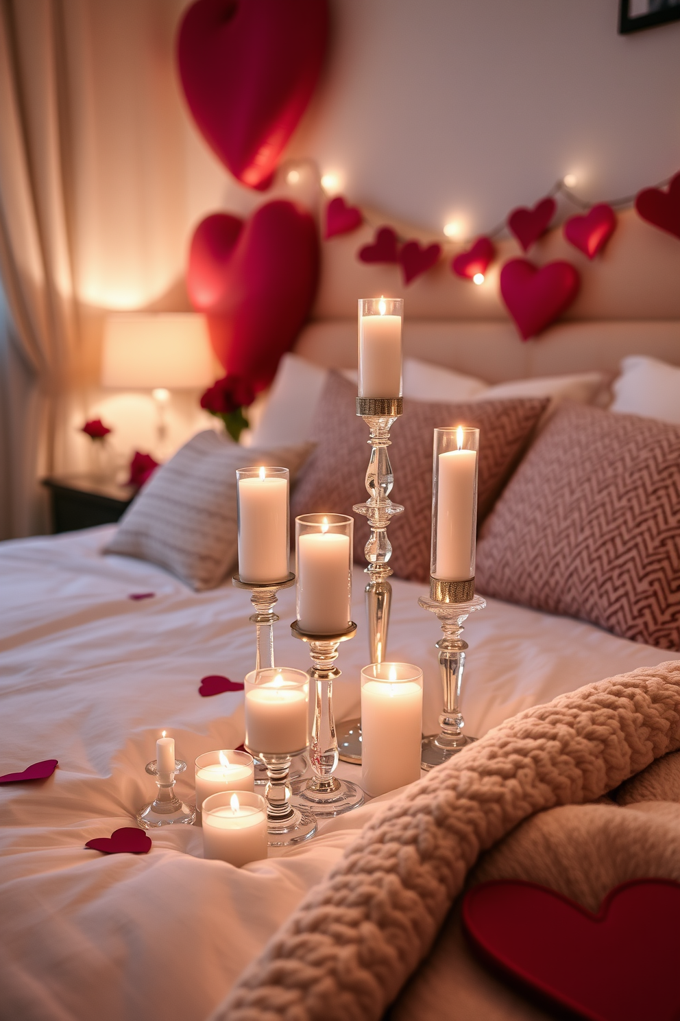 A romantic bedroom setting adorned with rose petals scattered across the floor. Soft lighting creates an intimate atmosphere while plush pillows and a cozy throw blanket enhance the inviting decor.