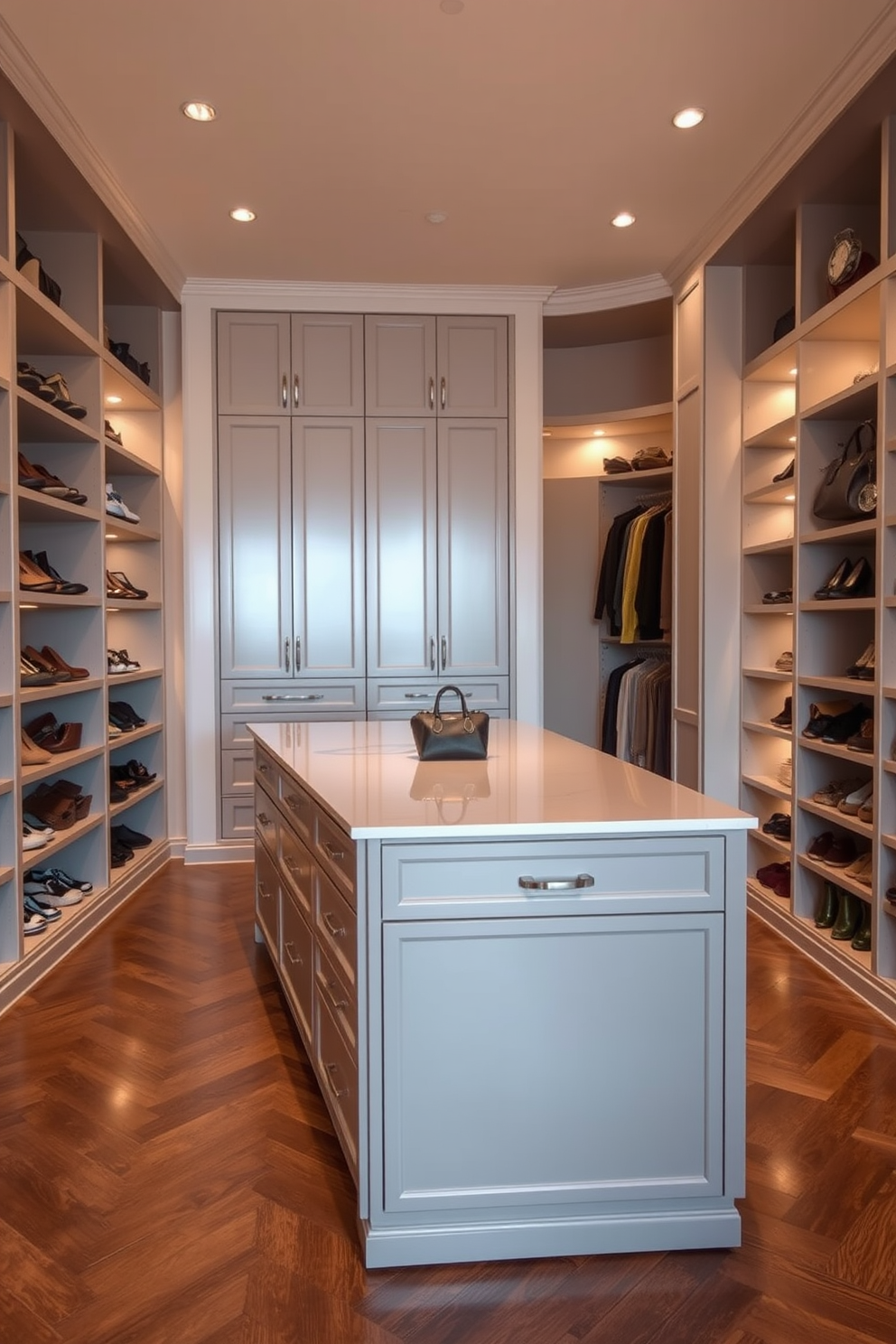 A spacious island is the centerpiece of the walk-in closet, designed for optimal accessory storage and organization. The island features multiple drawers and compartments, elegantly styled with a soft close mechanism and a polished surface. Surrounding the island are custom-built shelving units that display shoes and handbags beautifully. The walls are adorned with soft lighting, creating a warm ambiance that enhances the overall luxury of the space.