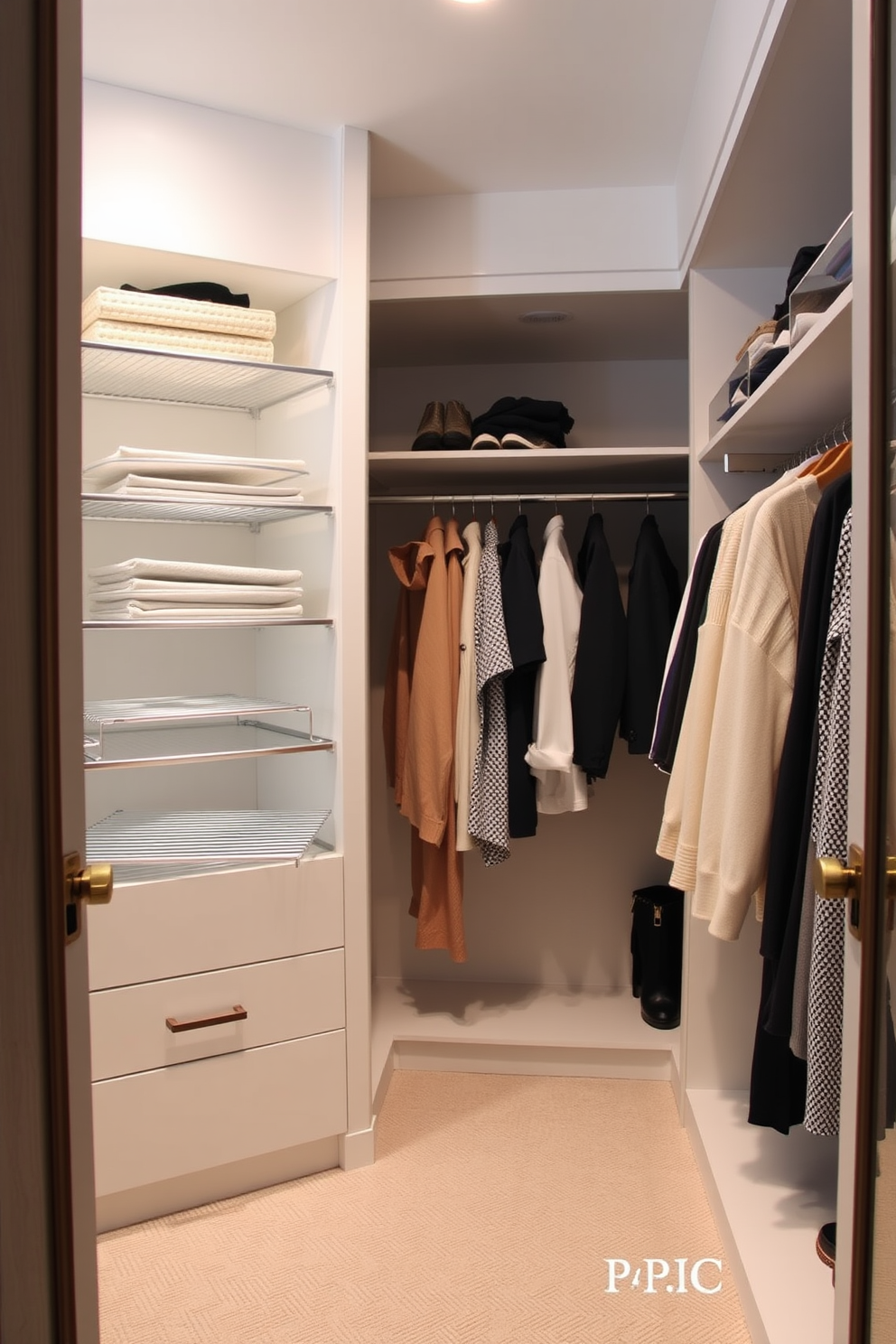 A spacious walk-in closet featuring integrated lighting that creates a warm and inviting ambiance. The closet is designed with custom shelving and hanging space, accented by soft LED lights that highlight the clothing and accessories.