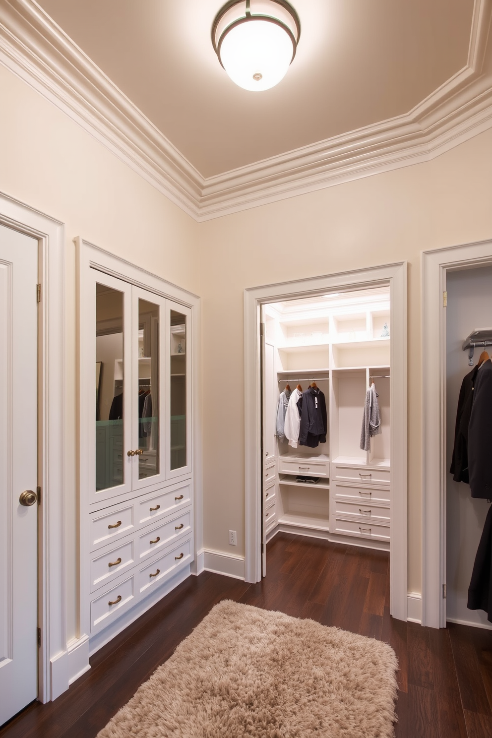 Crown molding elegantly frames the ceiling, adding a touch of sophistication to the space. The walls are painted in a soft neutral tone, enhancing the luxurious feel of the room. The walk-in closet features custom shelving and hanging space, maximizing storage while maintaining an organized appearance. A plush area rug lies underfoot, providing comfort and warmth in the stylish dressing area.