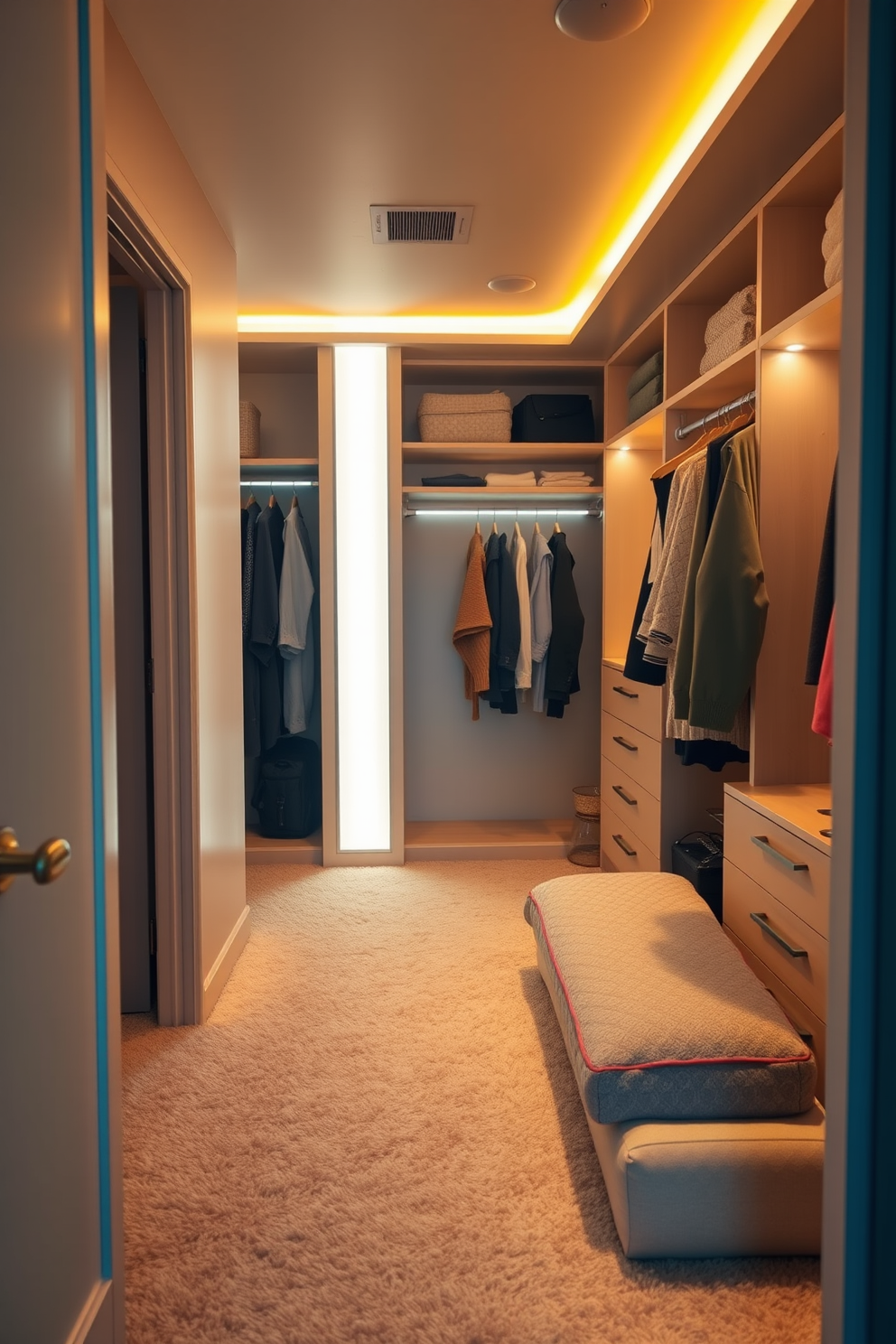 A serene bedroom walk-in closet featuring soft plush carpeting that invites relaxation and comfort. The space is illuminated by warm ambient lighting, creating an inviting atmosphere for organizing and displaying clothing and accessories.