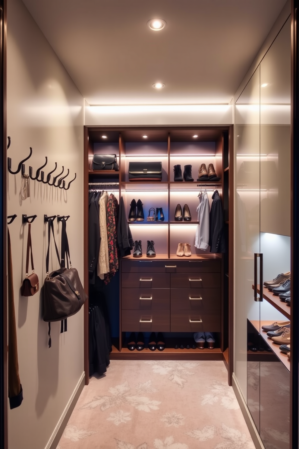 A luxurious walk-in closet featuring wall-mounted hooks for bags and scarves. The space is illuminated by soft recessed lighting, with elegant shelving displaying an organized collection of shoes and accessories.