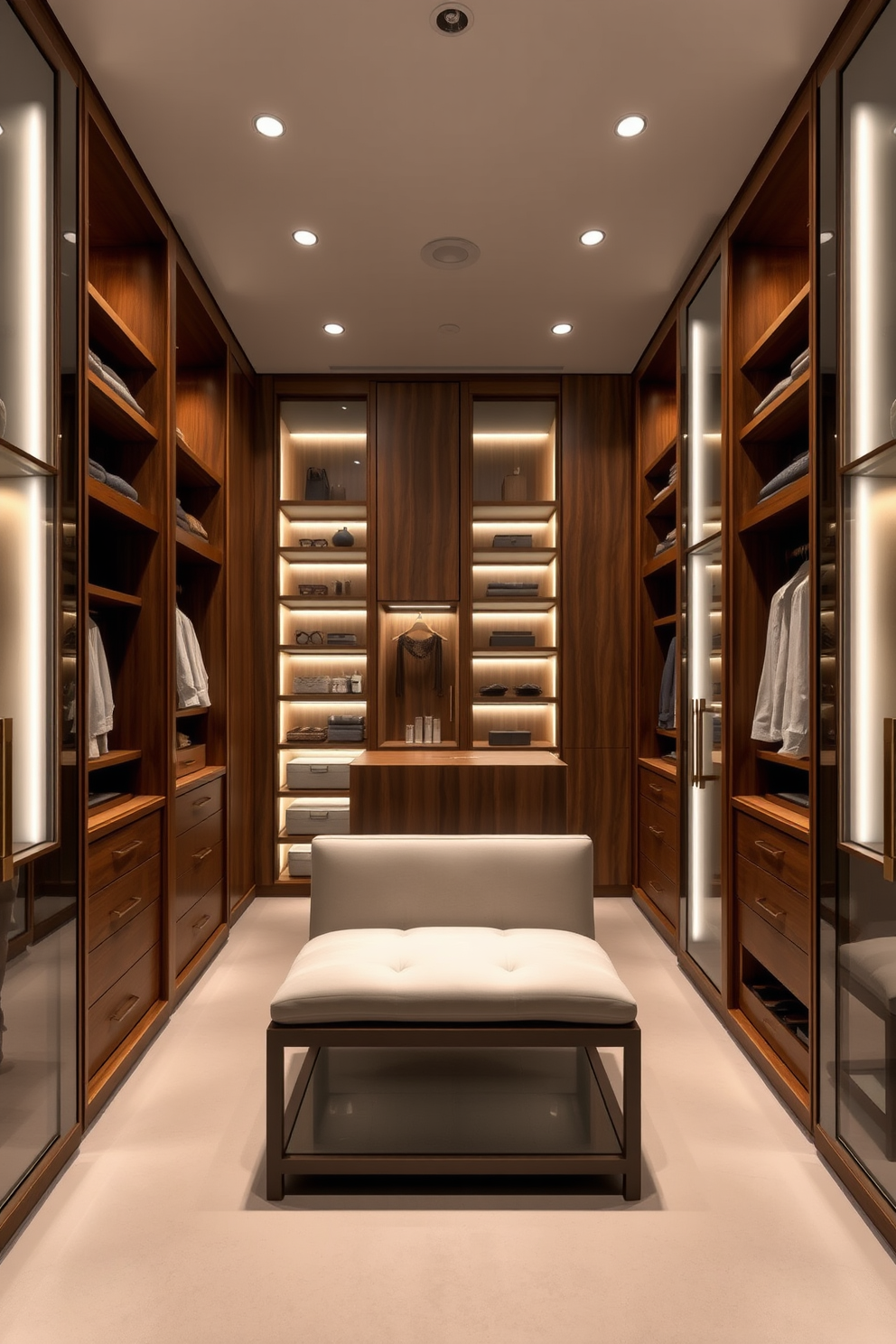 A luxurious walk-in closet featuring hidden compartments for storing valuable items. The space is designed with sleek cabinetry in a rich wood finish, complemented by soft lighting that highlights the organized shelves and hidden drawers. The closet includes a central island with additional storage and a plush seating area for comfort. Elegant mirrors line the walls, creating an illusion of spaciousness while providing a stylish touch to the overall design.