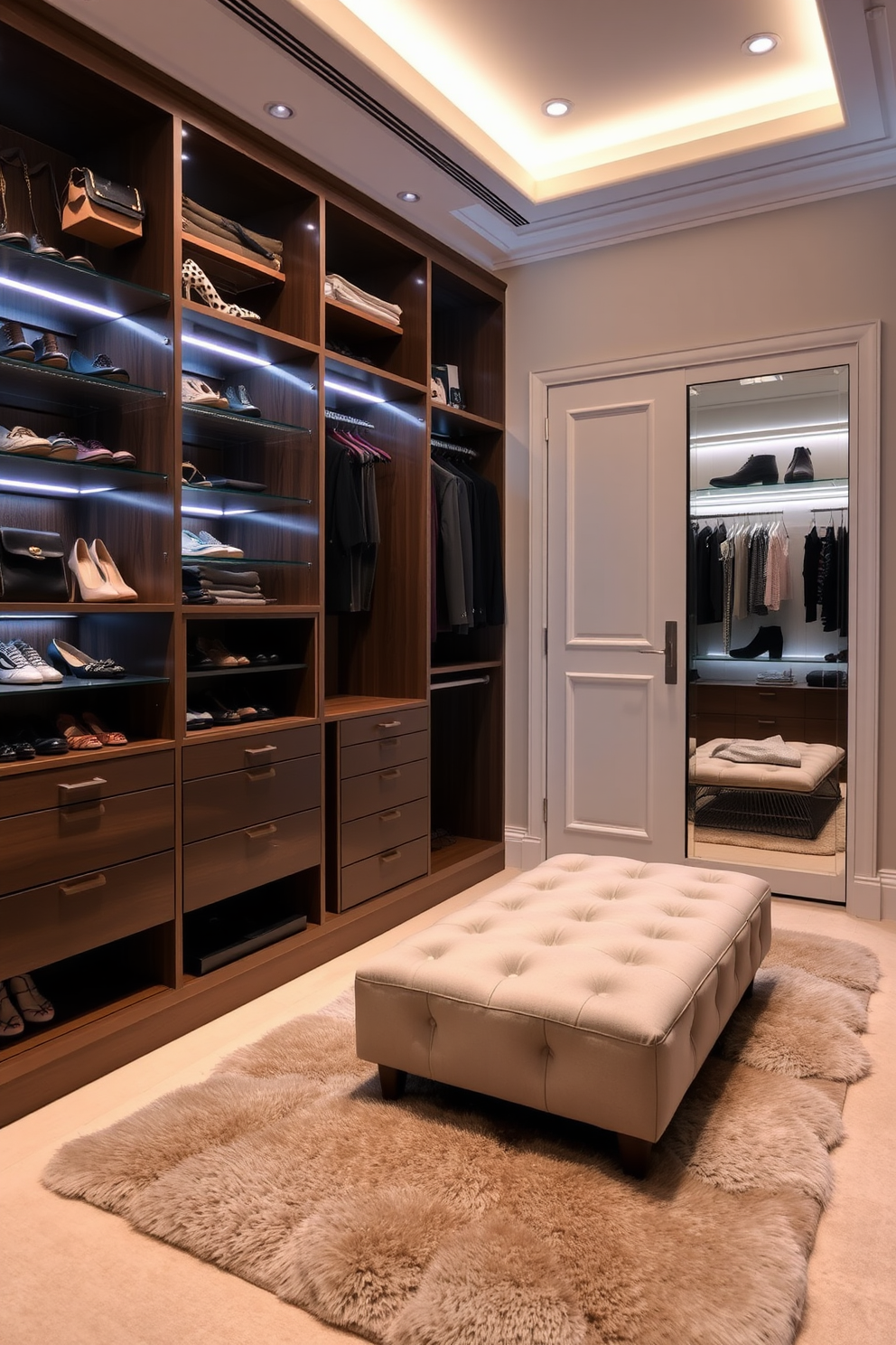 A luxurious walk-in closet designed with accent lighting to highlight the elegant features. The space includes custom shelving and hanging areas, with soft LED lights illuminating the shoes and accessories. The walls are adorned with a soft neutral color, creating a serene atmosphere. A plush area rug lies on the floor, and a chic ottoman provides a comfortable seating area for dressing.