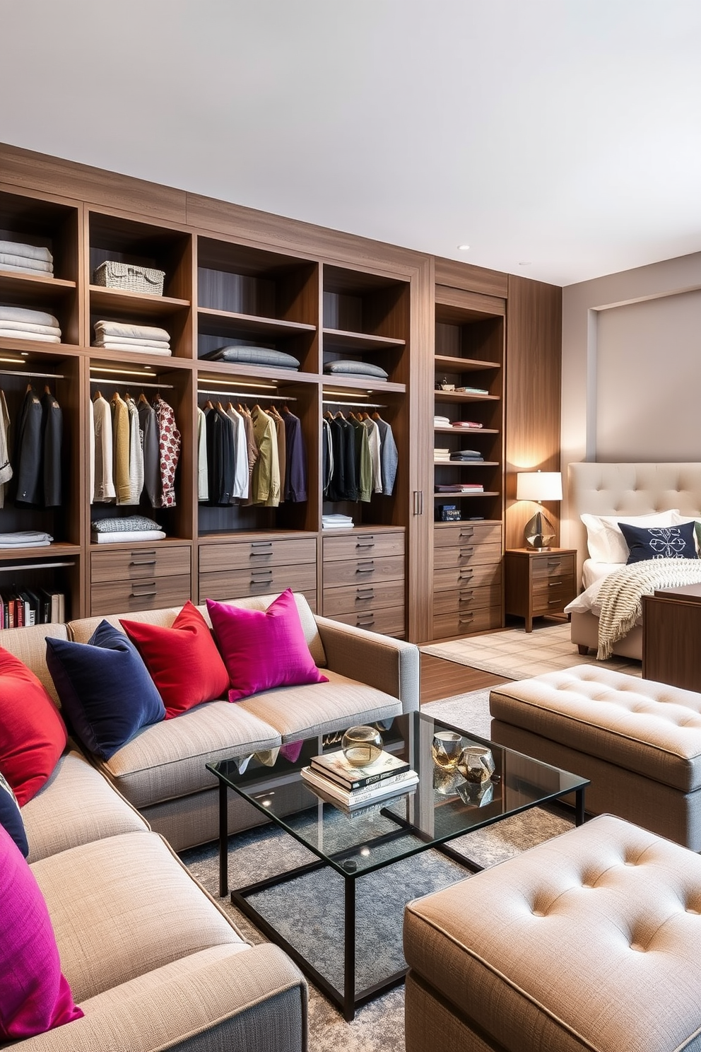 A luxurious walk-in closet designed to maximize space and organization. It features hidden compartments seamlessly integrated into the cabinetry for storing valuables and personal items. The closet is adorned with elegant lighting that highlights the rich textures of the wooden shelves. Soft, neutral tones on the walls create a calming atmosphere, while a plush area rug adds warmth underfoot.