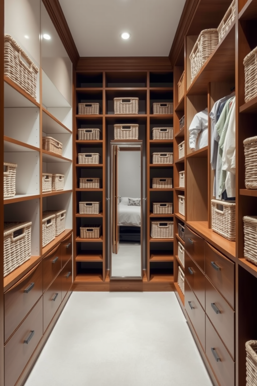 A spacious walk-in closet featuring elegant baskets for organized storage solutions. The baskets are crafted from natural materials and neatly arranged on custom shelving units, creating a harmonious and clutter-free environment. Soft lighting illuminates the closet, highlighting the rich wood finishes and plush carpet underfoot. A full-length mirror is positioned to reflect the stylish arrangement, enhancing the overall sense of luxury and functionality.