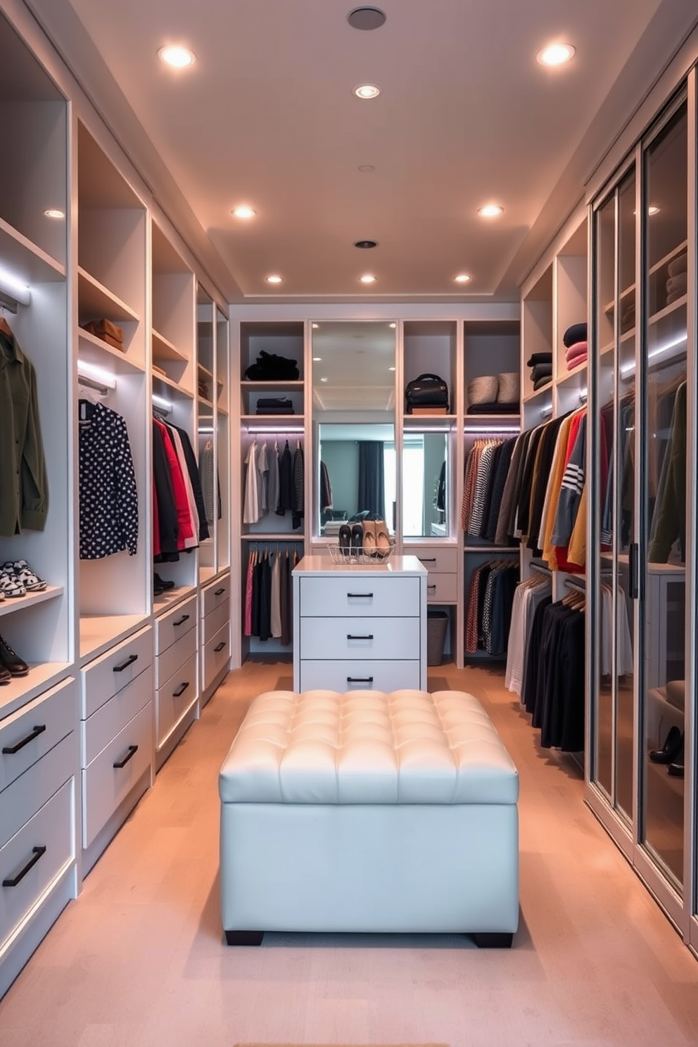 A spacious walk-in closet designed for seasonal clothing rotation features built-in shelving and hanging rods that accommodate various lengths of garments. Soft LED lighting highlights the organized sections, while a central island provides additional storage and a display area for accessories. Mirrored sliding doors reflect the room's natural light, creating an airy atmosphere. A comfortable ottoman sits in the center for easy access to shoes, and a designated area for seasonal bins ensures a clutter-free space.