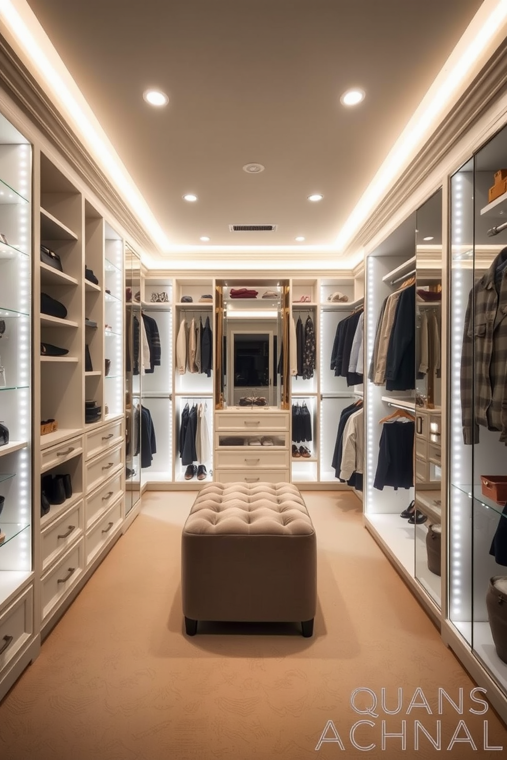 A spacious walk-in closet featuring built-in lighting that illuminates the entire space. The design includes custom shelving and hanging rods, with a plush ottoman in the center for comfort. The walls are painted in a soft neutral tone, creating a calming atmosphere. Elegant glass display cases showcase accessories, while a full-length mirror reflects the organized layout.