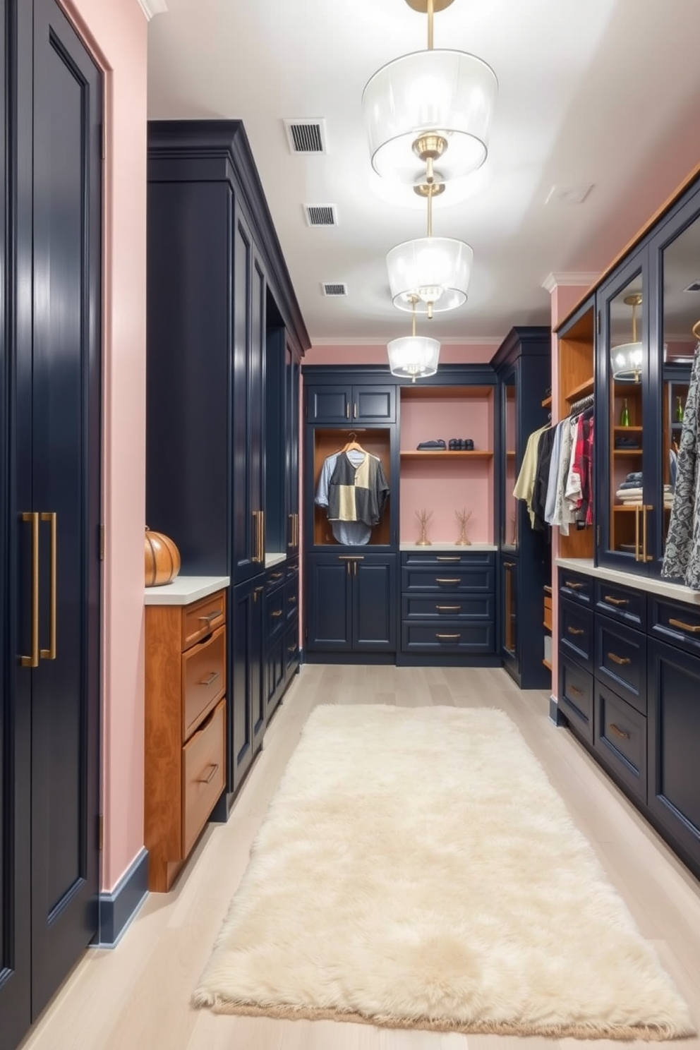 A personalized color palette featuring soft pastels and bold accents creates a unique and inviting atmosphere. The walls are painted in a gentle blush, complemented by rich navy cabinetry and warm wood accents throughout the space. The walk-in closet design includes custom shelving and drawers for optimal organization and accessibility. A plush area rug adds comfort underfoot, while elegant lighting fixtures illuminate the space, enhancing the overall aesthetic.