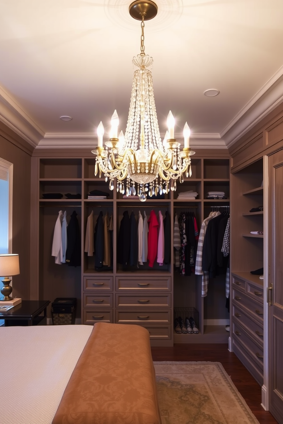 Elegant chandelier as a focal point. The room features a stunning crystal chandelier hanging gracefully from the ceiling, casting a warm glow throughout the space. Bedroom walk-in-closet design ideas. The closet is designed with custom shelving and cabinetry, providing ample storage for clothes and accessories while maintaining an organized and stylish appearance.