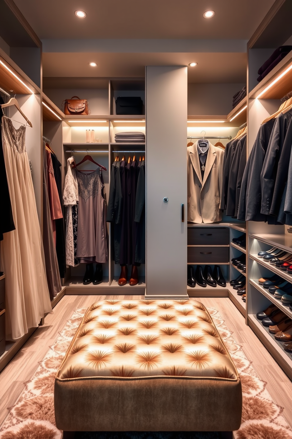 A luxurious walk-in closet featuring divided sections for different clothing types. One section is dedicated to elegant dresses, with soft lighting highlighting the fabric textures and a plush rug underfoot. Another section showcases tailored suits, organized neatly on wooden hangers with a polished shoe display below. The walls are adorned with a soft gray hue, and a stylish ottoman sits in the center for comfortable seating.