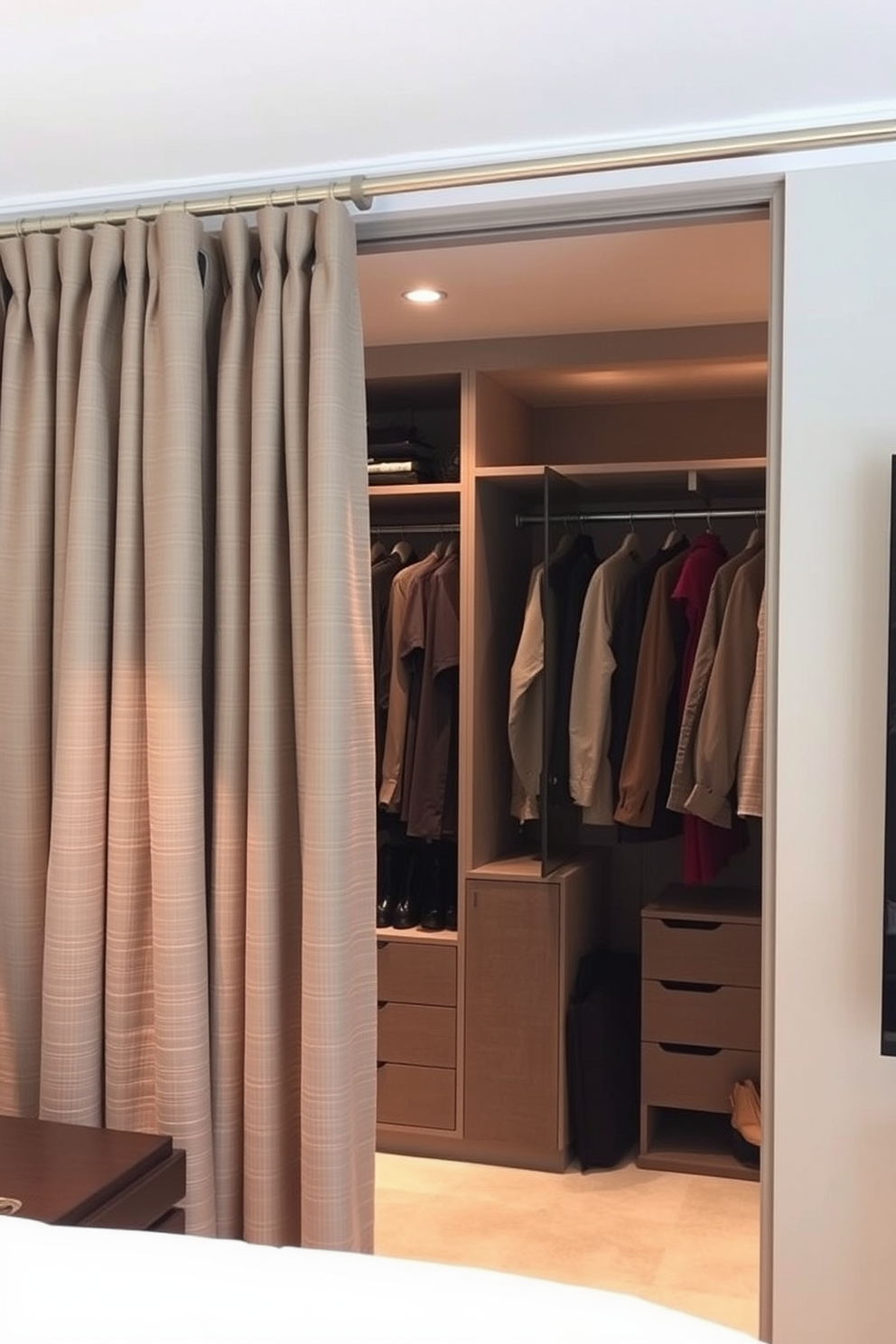 A modern walk-in closet featuring smart technology for closet management. The space includes automated shelving and lighting, with a sleek island in the center for folding clothes and storing accessories. The walls are lined with custom cabinetry in a light wood finish, and a full-length mirror is positioned to reflect the stylish design. A plush area rug adds comfort underfoot, while integrated charging stations keep devices organized and ready to use.