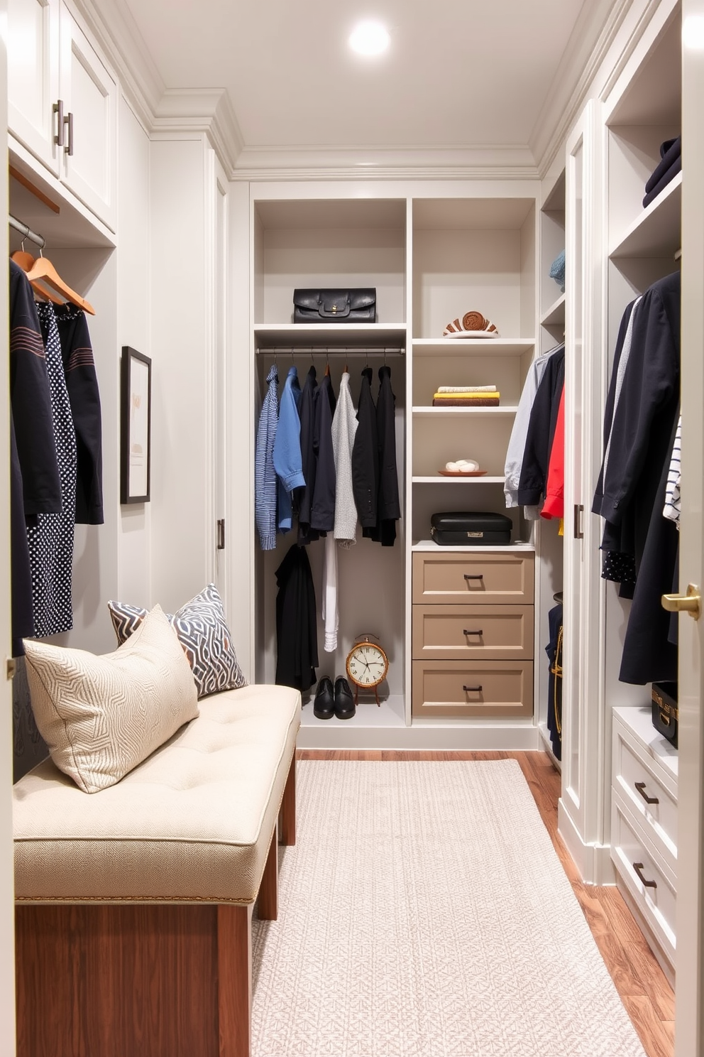 A stylish bedroom walk-in closet features a built-in bench for convenient seating. The closet is designed with custom shelving, hanging space, and soft lighting to create an inviting atmosphere.