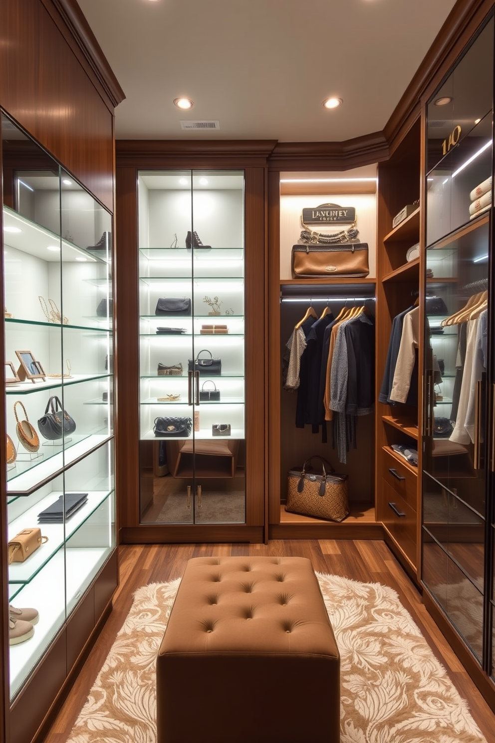 A luxurious walk-in closet featuring sleek glass display cases for accessories. The cases are illuminated with soft LED lighting, showcasing a curated collection of jewelry and handbags. The closet walls are lined with rich wooden shelving and hanging space for clothing. A plush area rug adds warmth to the space, while a stylish ottoman provides a comfortable seating area for dressing.