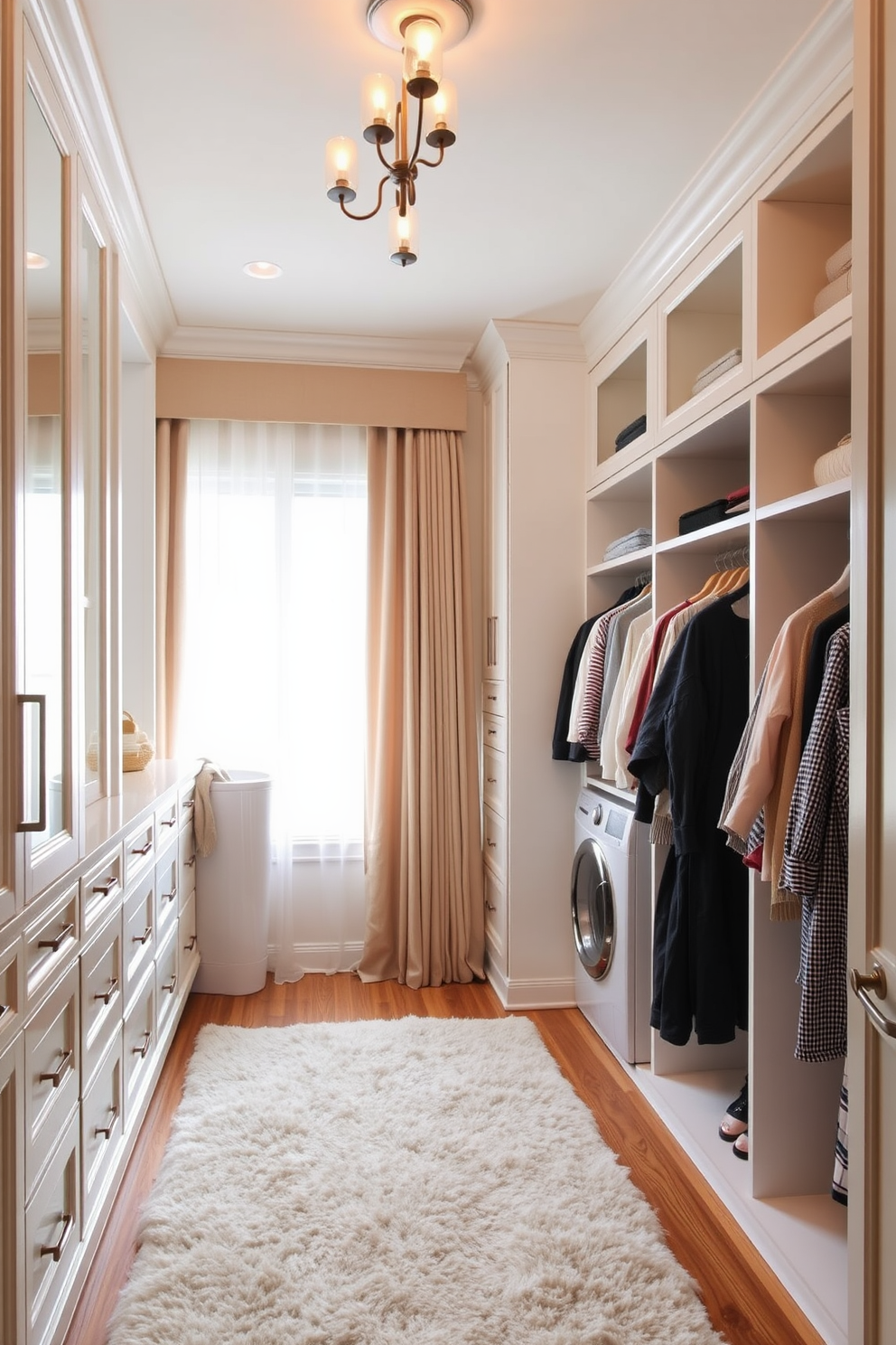 A spacious walk-in closet featuring an integrated laundry hamper for convenience. The design includes custom shelving and drawers in a soft white finish, with ample hanging space for clothing. Natural light floods the room through a large window adorned with sheer curtains. A plush area rug in neutral tones adds warmth, while stylish lighting fixtures enhance the overall elegance.