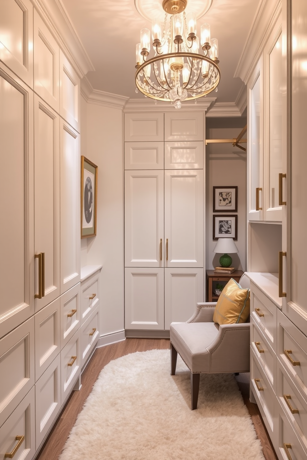 A stylish bedroom walk-in closet features custom cabinetry in a soft white finish with elegant gold hardware. The space is illuminated by a chic chandelier, and a plush area rug adds warmth underfoot. Artwork is strategically placed on the walls to reflect personal style, with framed pieces that complement the overall color scheme. A cozy reading nook is created with a comfortable chair and a small side table, enhancing the inviting atmosphere.