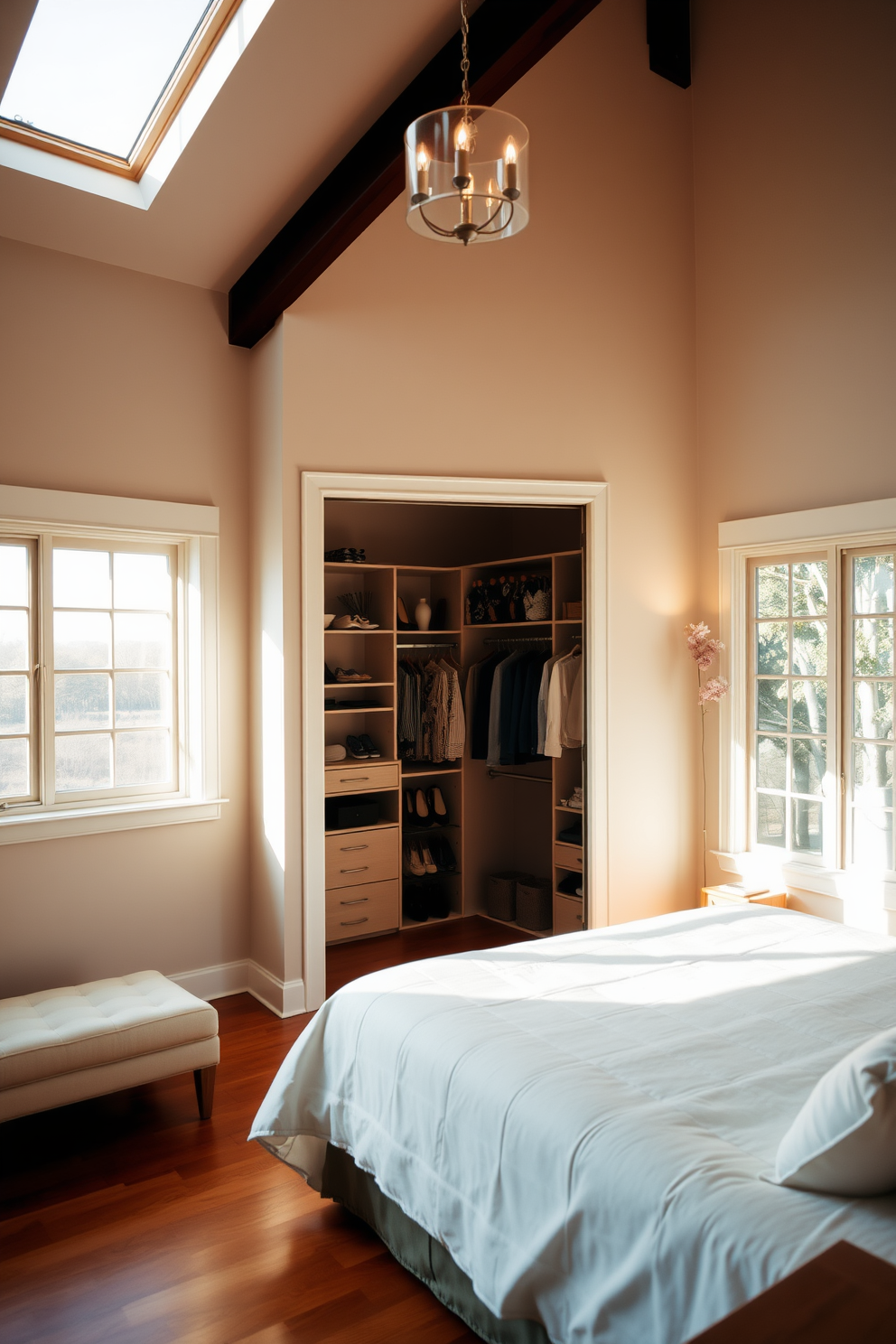 A serene bedroom featuring large windows that allow natural light to flood the space. The walls are painted in a soft beige hue, complementing the warm wooden flooring. The walk-in closet is designed with built-in shelving and hanging space, providing ample storage for clothing and accessories. Elegant lighting fixtures illuminate the area, enhancing the overall ambiance.