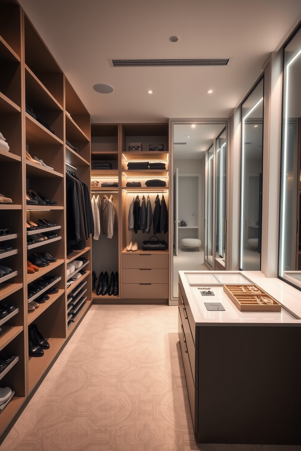 A stylish walk-in closet featuring open shelving for easy visibility and organization. The shelves are lined with neatly arranged shoes and folded clothes, creating an inviting and functional space. Soft, ambient lighting illuminates the area, highlighting a plush area rug beneathfoot. A full-length mirror is positioned strategically to enhance the sense of space and reflect the elegant design.