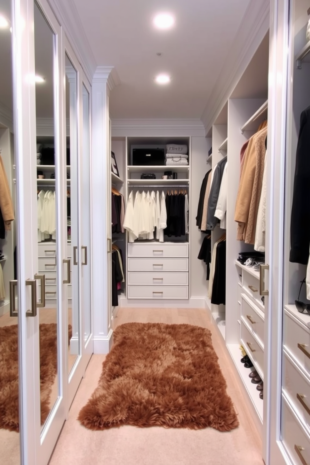 A chic walk-in closet features mirrored doors that reflect light and create an illusion of space. Inside, custom shelving and hanging rods are organized for easy access to clothing and accessories. The color palette is soft and neutral, enhancing the elegant atmosphere. A plush area rug is placed in the center, adding warmth and comfort underfoot.