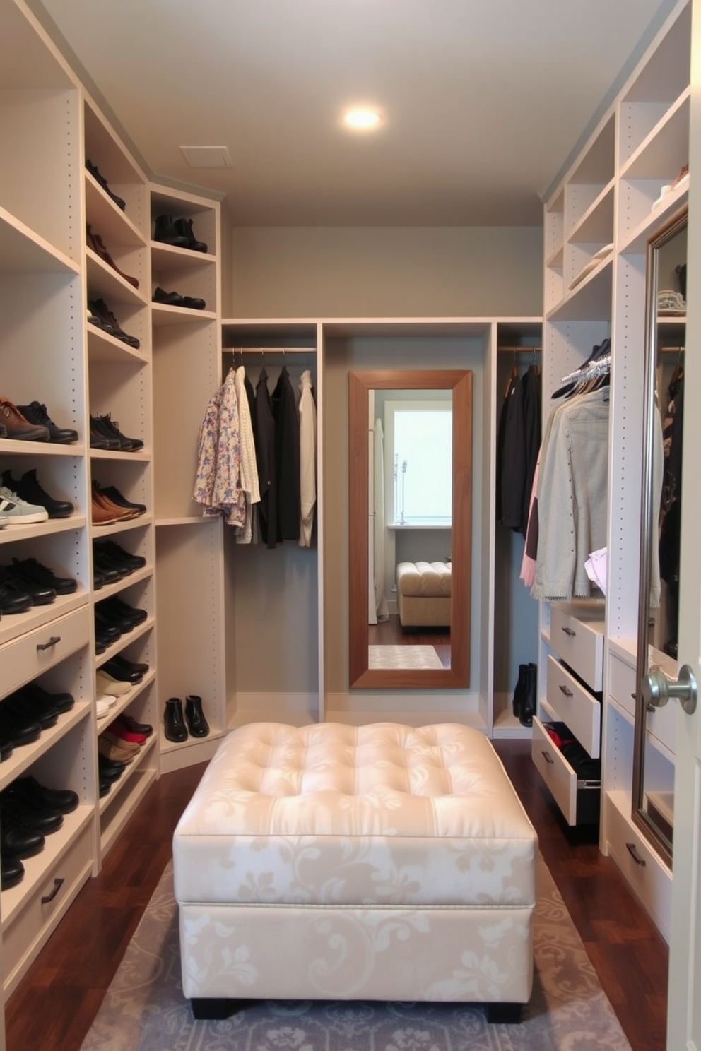 Custom shelving for shoe organization. The shelves are designed to accommodate various shoe sizes and styles, with pull-out drawers for easy access. Bedroom walk-in-closet design ideas. The space features a combination of hanging rods and open shelving, with a plush ottoman in the center for seating and a full-length mirror on the wall.