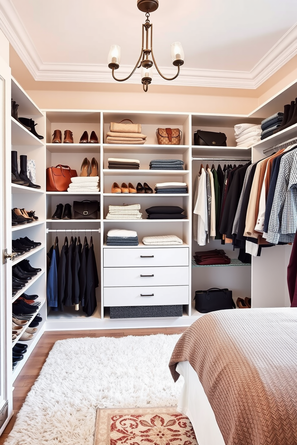 A luxurious walk-in closet featuring mirrored walls that create an illusion of spaciousness. The closet is organized with elegant wooden shelving and hanging space, complemented by soft ambient lighting that highlights the rich textures and colors of the clothing. In the center, a plush ottoman provides a comfortable seating area, while a full-length mirror reflects the meticulously arranged accessories. The flooring is a soft carpet that adds warmth, and decorative elements like potted plants enhance the inviting atmosphere.