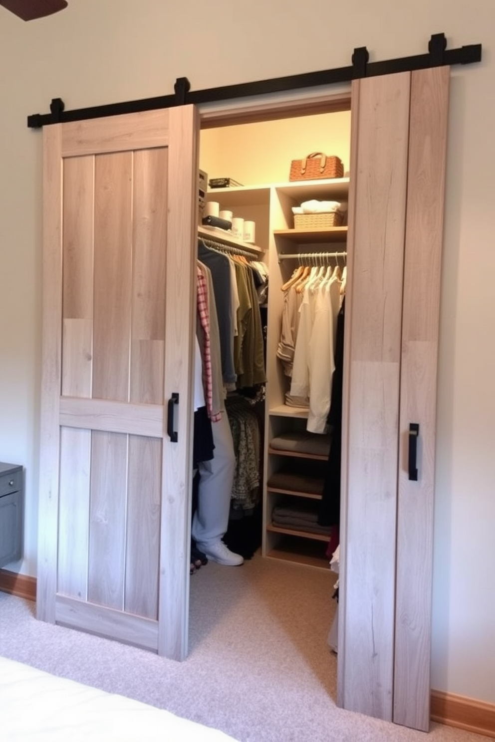 A cozy bedroom featuring sliding barn doors that add rustic charm to the space. The doors are made of reclaimed wood with a weathered finish, complementing the warm tones of the room. The walk-in closet is designed with ample shelving and hanging space for clothes and accessories. Soft lighting illuminates the area, creating an inviting atmosphere while maximizing functionality.