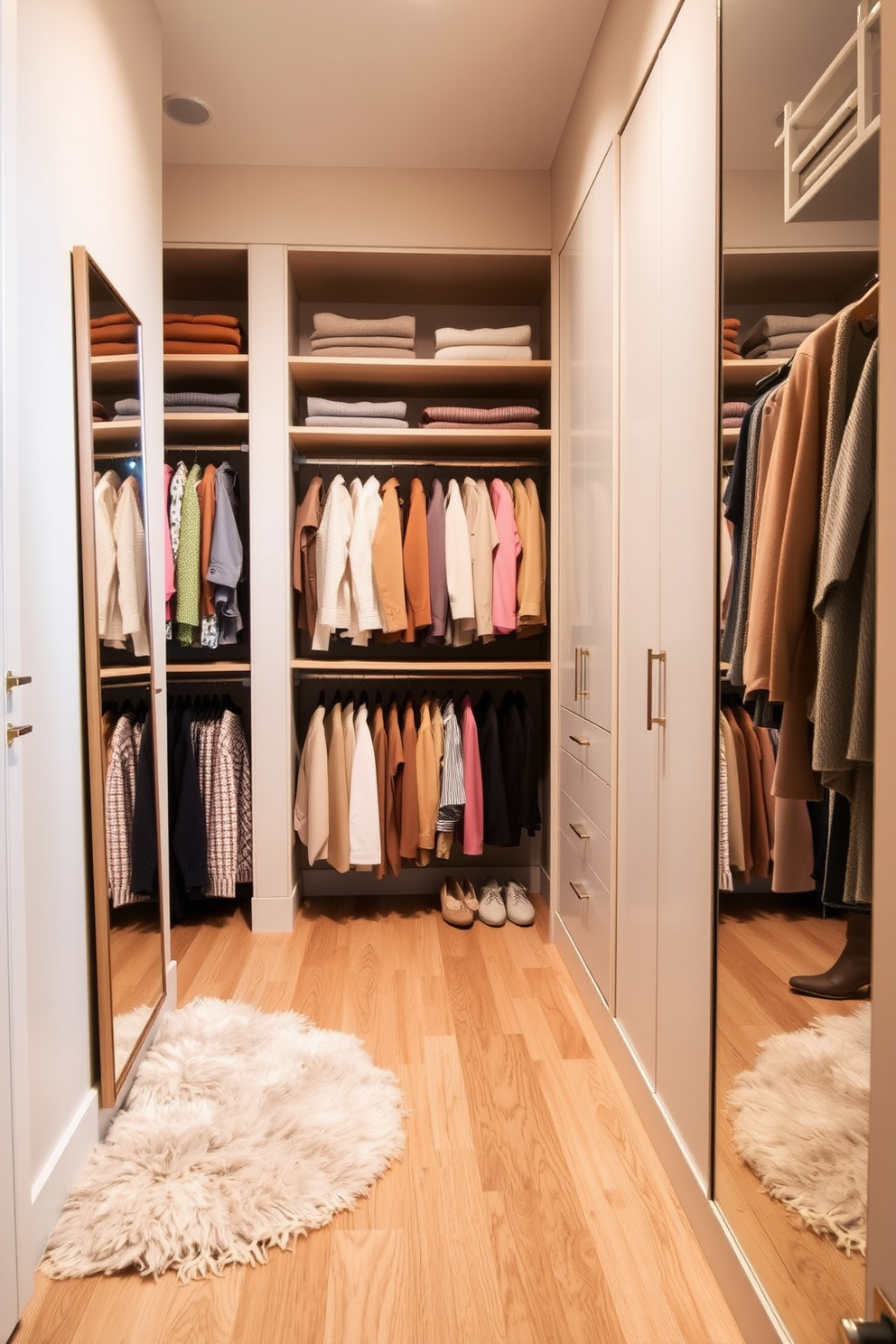 A stylish walk-in closet featuring a color-coordinated clothing display. The walls are adorned with soft beige tones, and the flooring is a light oak wood that complements the overall aesthetic. Shelving units are organized with neatly arranged garments in shades of pastel and earth tones. A plush area rug adds warmth underfoot, while a full-length mirror reflects the elegant design.