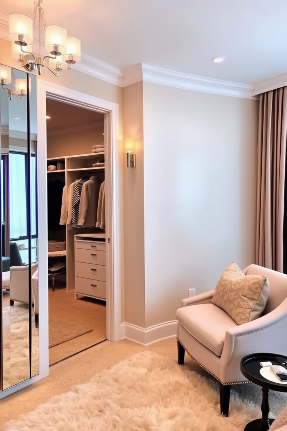 A stylish dressing area featuring a full-length mirror that reflects natural light. The walls are painted in a soft beige, complemented by a plush area rug and elegant lighting fixtures. The walk-in closet is designed with custom shelving and hanging space for clothing. A cozy seating area is included, adorned with decorative cushions and a small side table for accessories.