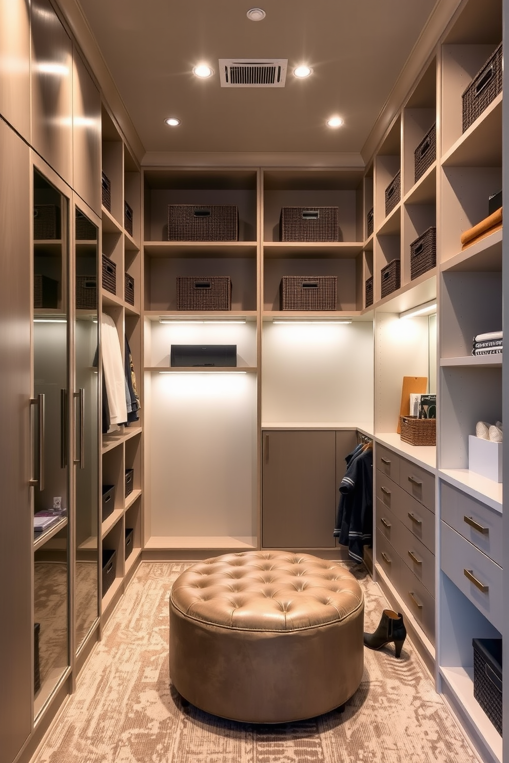 A modern walk-in closet designed for vertical storage features tall shelving units that reach the ceiling, maximizing every inch of height. The space includes a combination of open and closed storage solutions, with stylish baskets and boxes to keep accessories organized. The closet is illuminated with recessed lighting that highlights the sleek finishes and creates an inviting atmosphere. A plush ottoman sits in the center, providing a comfortable spot for putting on shoes or laying out outfits.