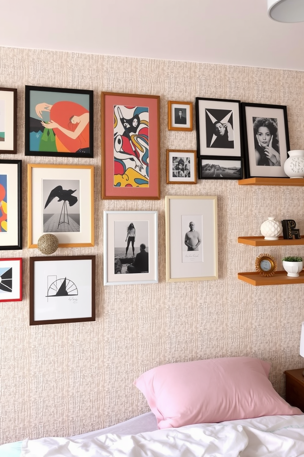 A gallery wall features an eclectic mix of framed artwork in various sizes and styles, creating a vibrant focal point in the room. The frames are arranged in a visually pleasing manner, showcasing colorful paintings, black and white photographs, and abstract prints. The bedroom wall design includes a soft, textured wallpaper that adds warmth and depth to the space. Complementing the wallpaper, a series of floating shelves hold decorative items and personal mementos, enhancing the overall aesthetic.