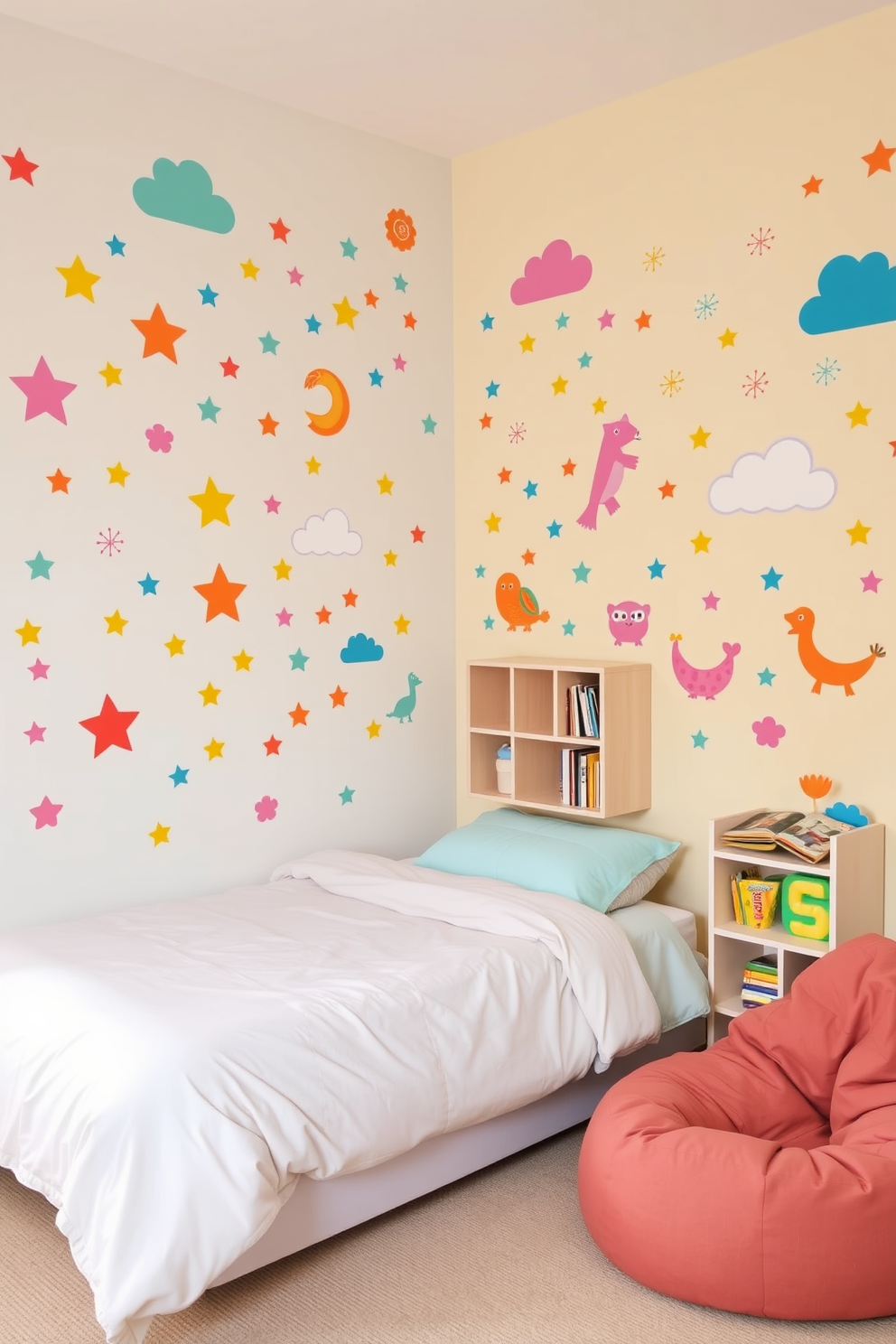 A vibrant bedroom setting featuring colorful wall decals that create a playful vibe. The walls are adorned with various shapes and patterns, including stars, clouds, and animals, in bright and cheerful colors. The bed is positioned against one wall, dressed in soft pastel bedding that complements the decals. A cozy reading nook with a small bookshelf and a bean bag chair adds to the inviting atmosphere.