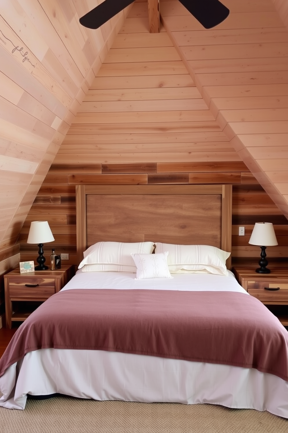 A cozy bedroom featuring rustic wood planks on the walls to create a warm and inviting atmosphere. The room includes a plush king-sized bed with soft linens and a vintage wooden headboard, complemented by bedside tables made from reclaimed wood.