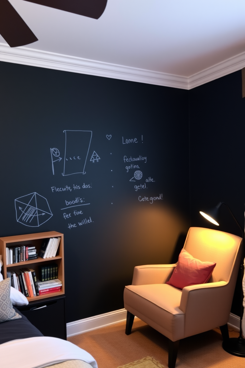 A creative bedroom wall design featuring chalkboard paint that encourages interaction and personalization. The walls are coated in a smooth chalkboard finish, allowing for doodles and notes to be easily added and erased. Complementing the chalkboard paint, a cozy reading nook is set up with a plush armchair and a small bookshelf filled with favorite reads. Soft ambient lighting is installed to create a warm and inviting atmosphere, perfect for relaxation and creativity.