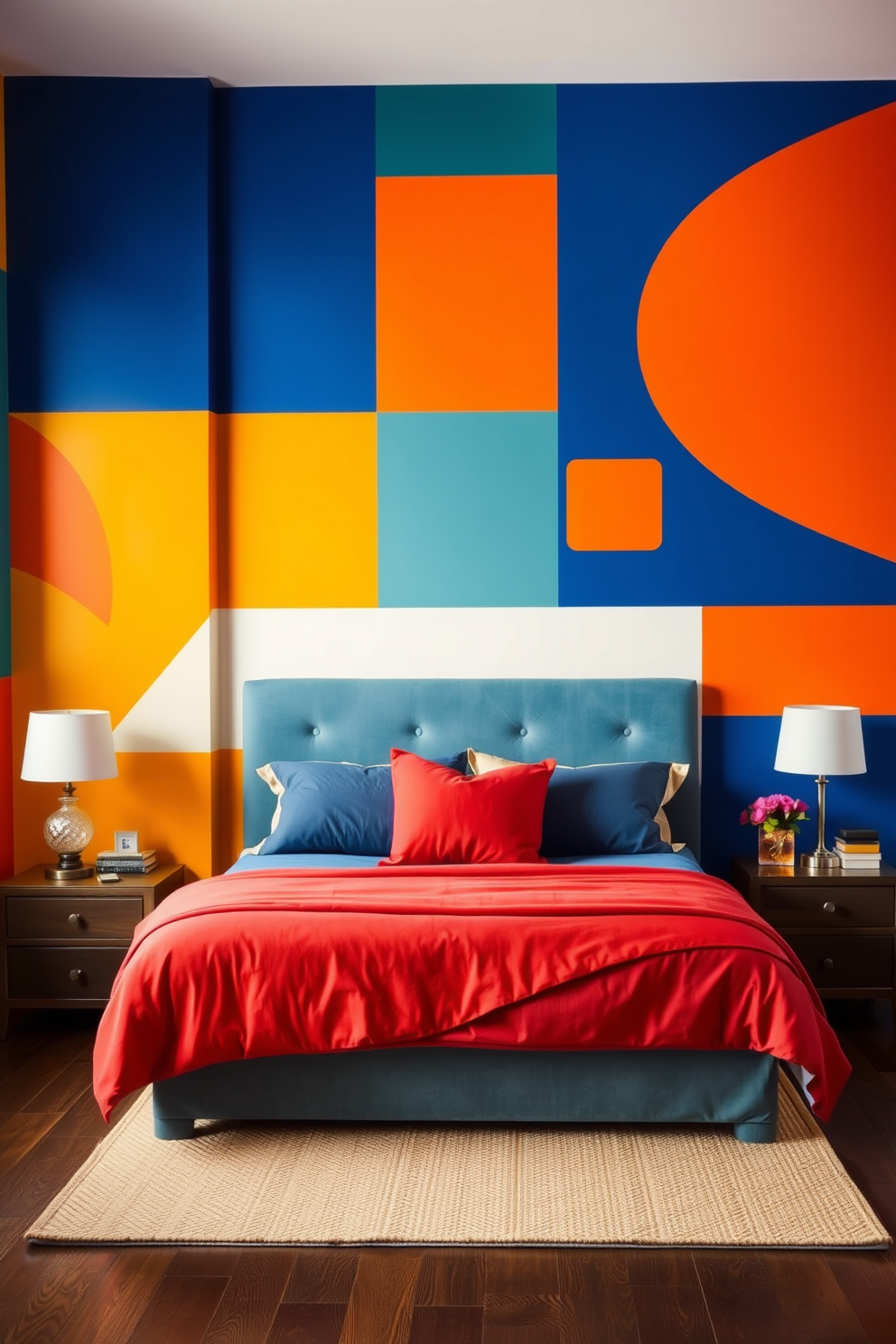 A vibrant bedroom featuring bold color block painting techniques on the walls. The design incorporates large geometric shapes in rich hues of blue, orange, and yellow, creating a dynamic and energizing atmosphere.