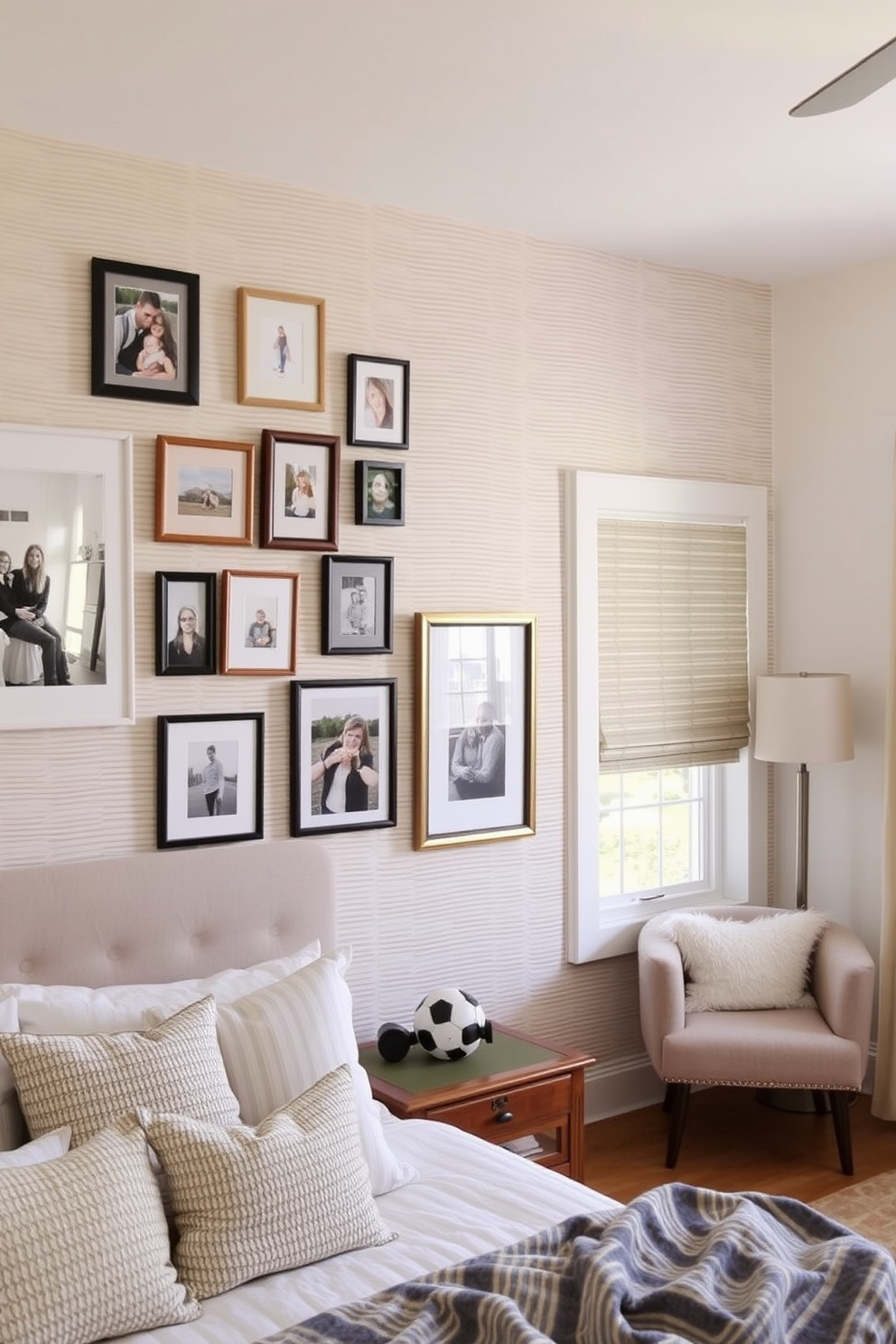 Framed family photos arranged in a grid pattern adorn the bedroom wall, creating a warm and personal touch. The frames vary in style and color, complementing the soft neutral tones of the room. The wall behind the bed features a textured wallpaper that adds depth and interest to the space. A cozy reading nook is positioned beside the window, with a plush chair and a small side table for added comfort.