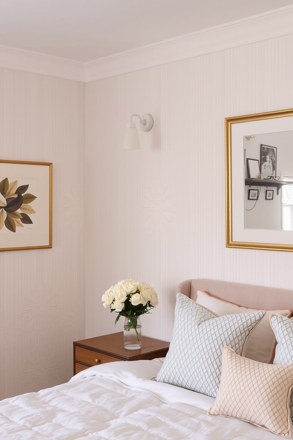 Create a serene bedroom atmosphere with wall-mounted lights that provide warm ambient lighting. The walls are adorned with soft textured wallpaper in a light pastel hue, complemented by elegant artwork that adds character to the space.