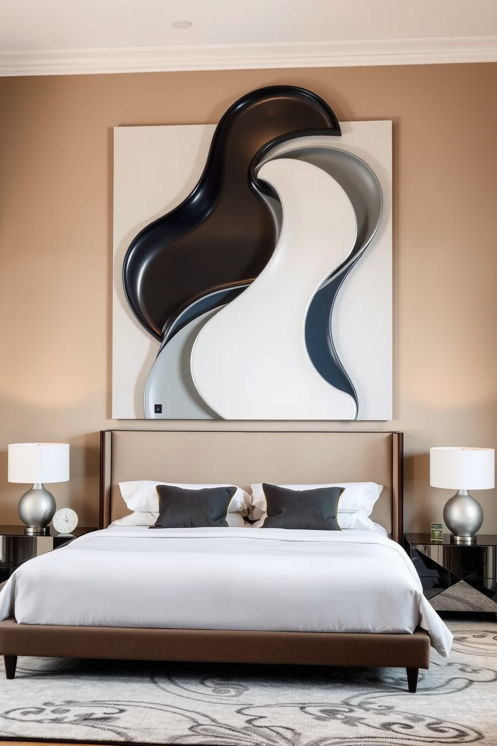 A striking focal point is created by a large sculptural wall art piece that features flowing organic shapes in a mix of matte and glossy finishes. The artwork is complemented by a soft color palette of muted blues and grays that enhances the serene atmosphere of the bedroom. Surrounding the art, the walls are painted in a warm neutral tone, providing a perfect backdrop that allows the sculpture to stand out. Elegant bedside tables with contemporary lamps flank the bed, creating a harmonious balance between art and functionality.