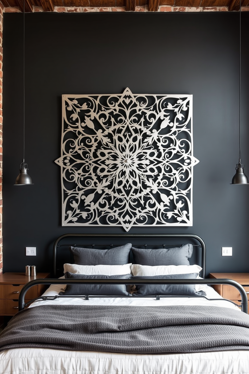 A striking metal wall art piece serves as a focal point in the bedroom, featuring intricate geometric patterns that enhance the industrial aesthetic. The walls are painted in a deep charcoal gray, creating a dramatic backdrop for the artwork and complementing the exposed brick accents. Incorporate a mix of textures with a metal bed frame and soft linen bedding, balancing the hard edges of the wall art. Industrial-style pendant lights hang above the nightstands, adding warmth and functionality to the space.