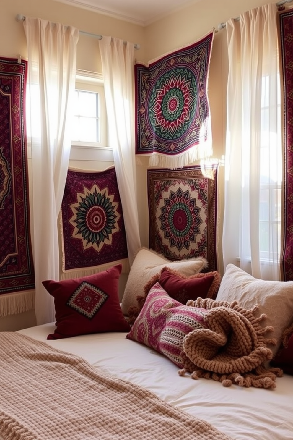 A cozy bedroom adorned with vibrant tapestries that showcase intricate patterns and earthy tones. The walls are painted in a soft cream shade to complement the rich colors of the tapestries, creating a warm and inviting atmosphere. Layered textiles add depth and comfort, with plush throw pillows and a chunky knit blanket on the bed. Natural light filters through sheer curtains, illuminating the space and enhancing the bohemian vibe.