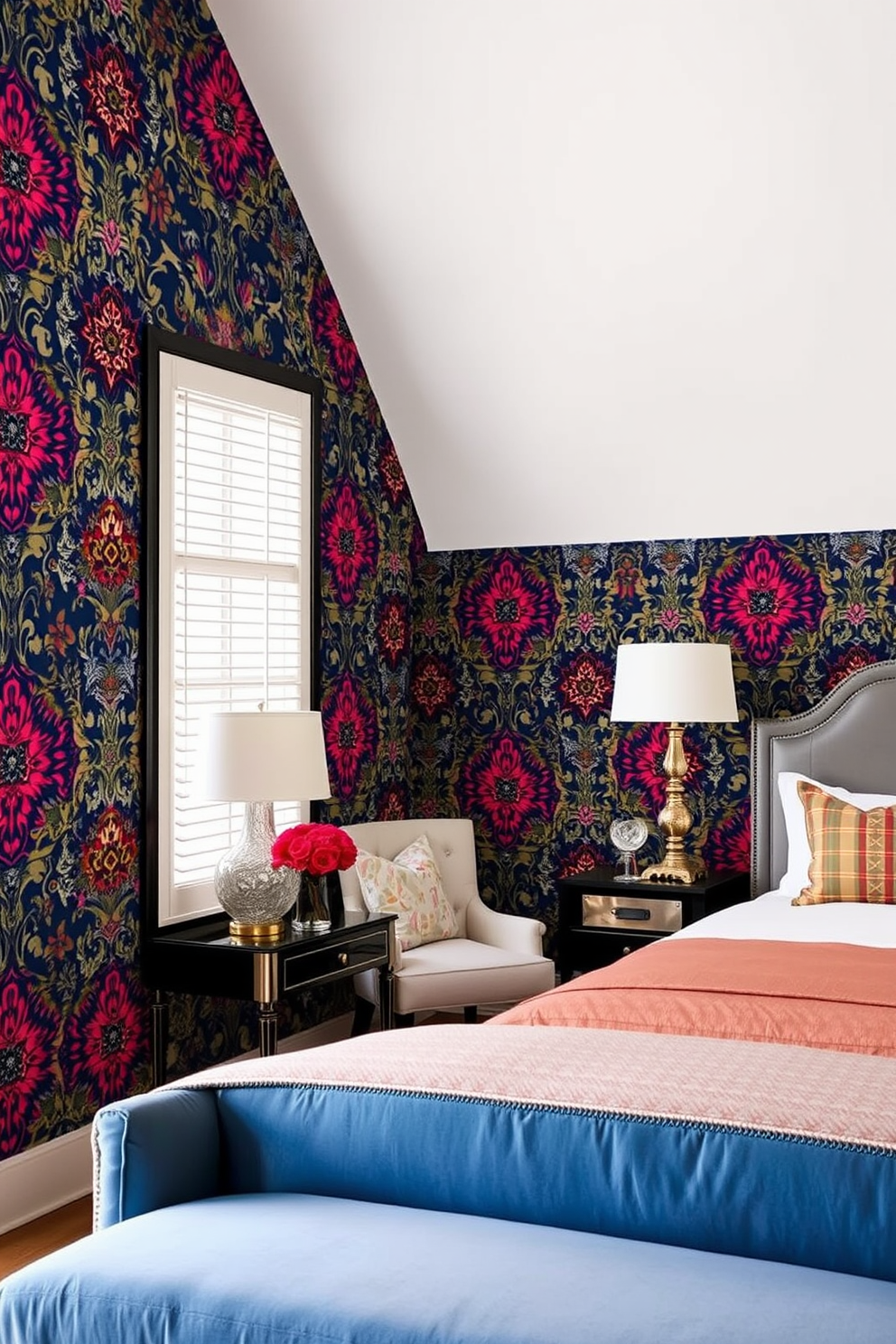 A stunning bedroom featuring an accent wall adorned with bold patterned wallpaper that adds a striking focal point to the space. The wallpaper showcases vibrant colors and intricate designs, creating a lively atmosphere that complements the rest of the room's decor. The other walls are painted in a soft neutral tone to balance the boldness of the accent wall. Plush bedding and stylish furniture complete the look, enhancing the overall elegance and comfort of the bedroom.