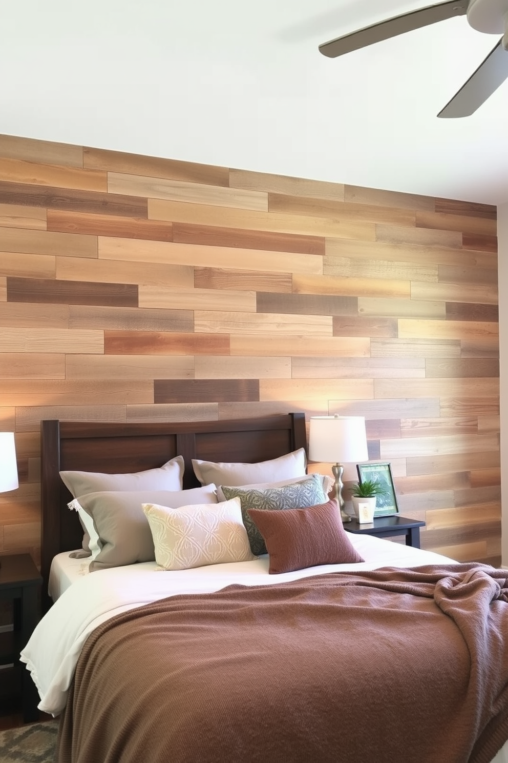 An accent wall featuring reclaimed wood adds warmth and character to the bedroom. The natural textures and tones of the wood create a cozy and inviting atmosphere. This design can be complemented with soft lighting to highlight the wood's grain. Pair it with neutral bedding and decor for a balanced and harmonious look.