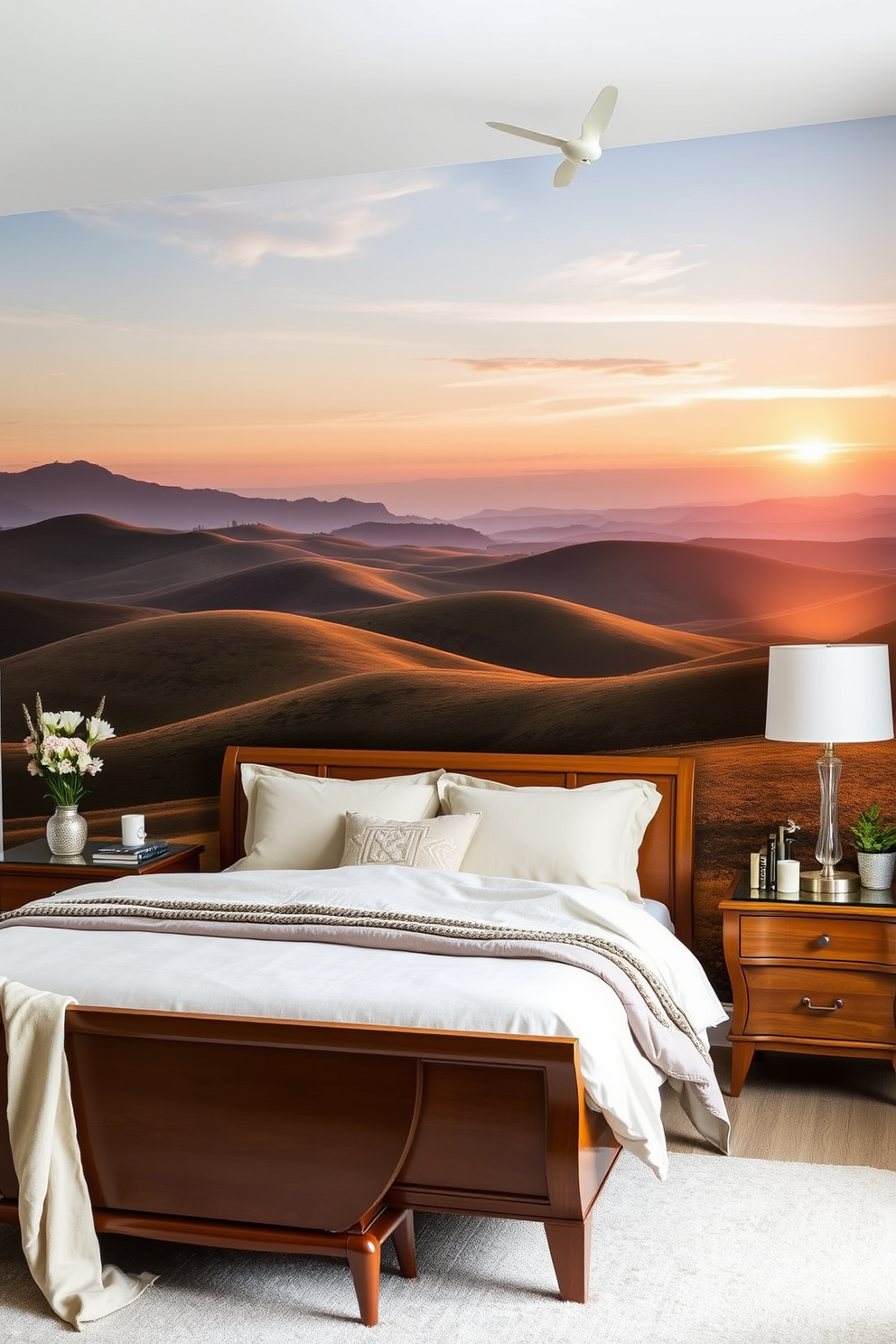 Create a serene bedroom featuring a mural of a tranquil landscape. The mural depicts rolling hills and a sunset, creating a calming atmosphere in the space. Incorporate soft, neutral bedding and elegant wooden furniture to complement the mural. Add ambient lighting to enhance the peaceful vibe of the room.