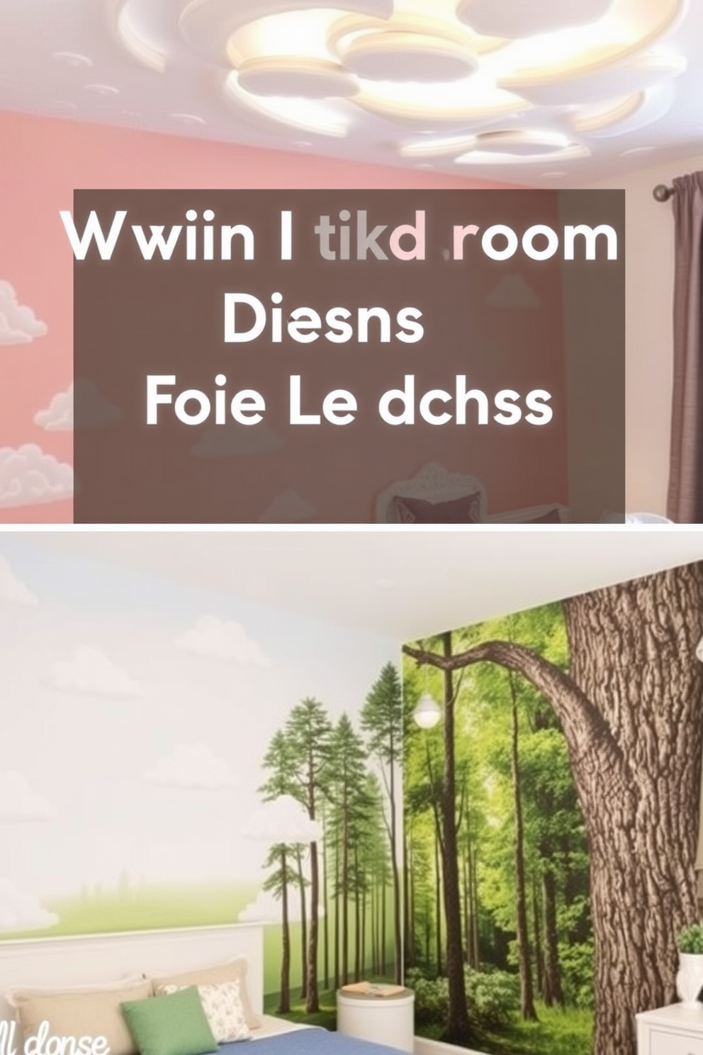 Whimsical cloud designs for a kids room. The walls are painted in soft pastel colors with fluffy white clouds scattered throughout, creating a dreamy atmosphere. Bedroom wall design ideas inspired by nature. One wall features a large mural of a tranquil forest scene, while another is adorned with textured wallpaper resembling tree bark.