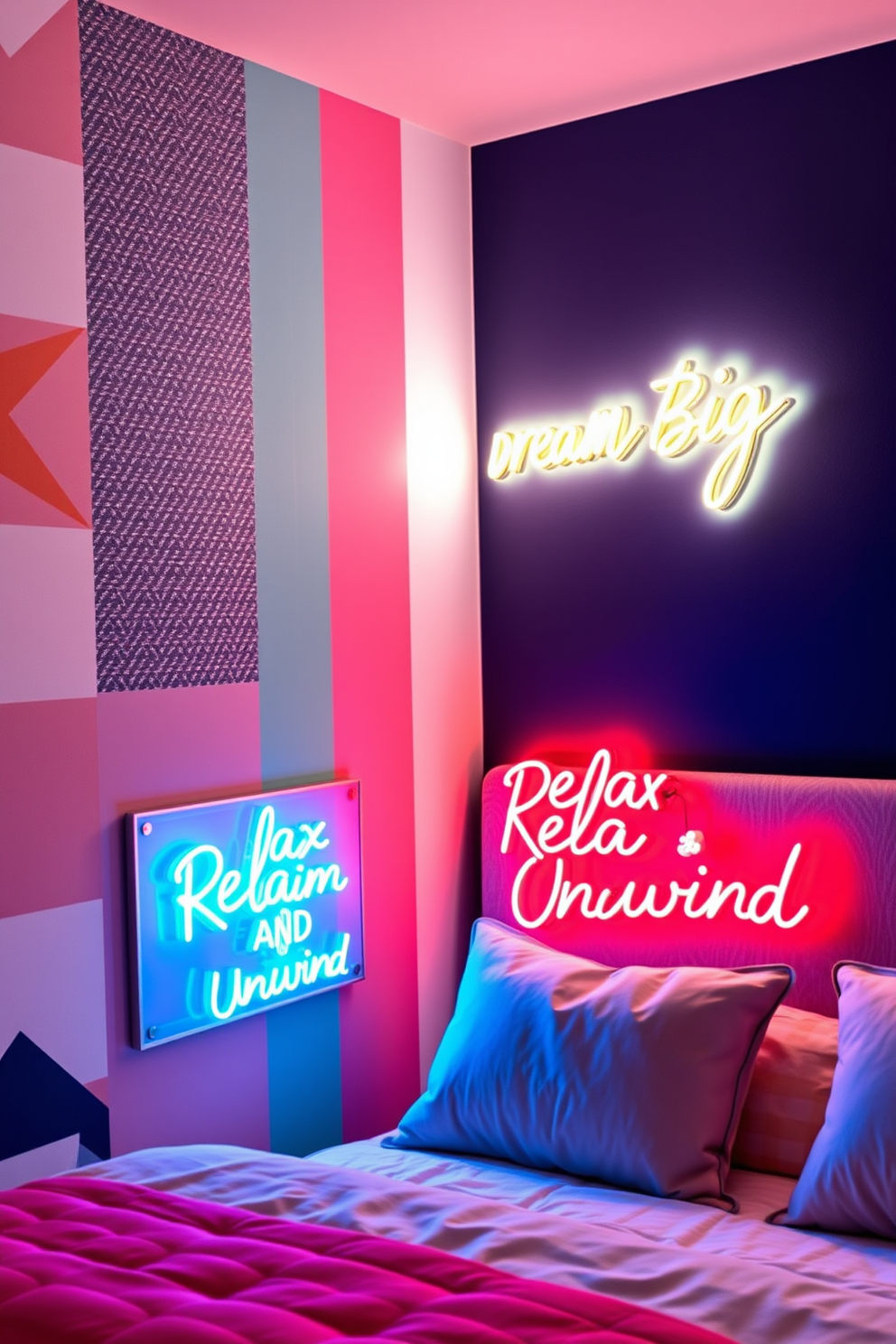 A vibrant bedroom featuring a bold neon sign that reads Dream Big illuminating the space with a playful glow. The walls are adorned with a mix of geometric patterns and soft pastel colors, creating a modern yet inviting atmosphere. A cozy reading nook in the corner showcases a plush armchair beside a neon light that highlights the phrase Relax and Unwind. The wall behind the chair is painted a deep navy blue, contrasting beautifully with the bright neon accents and adding depth to the room.