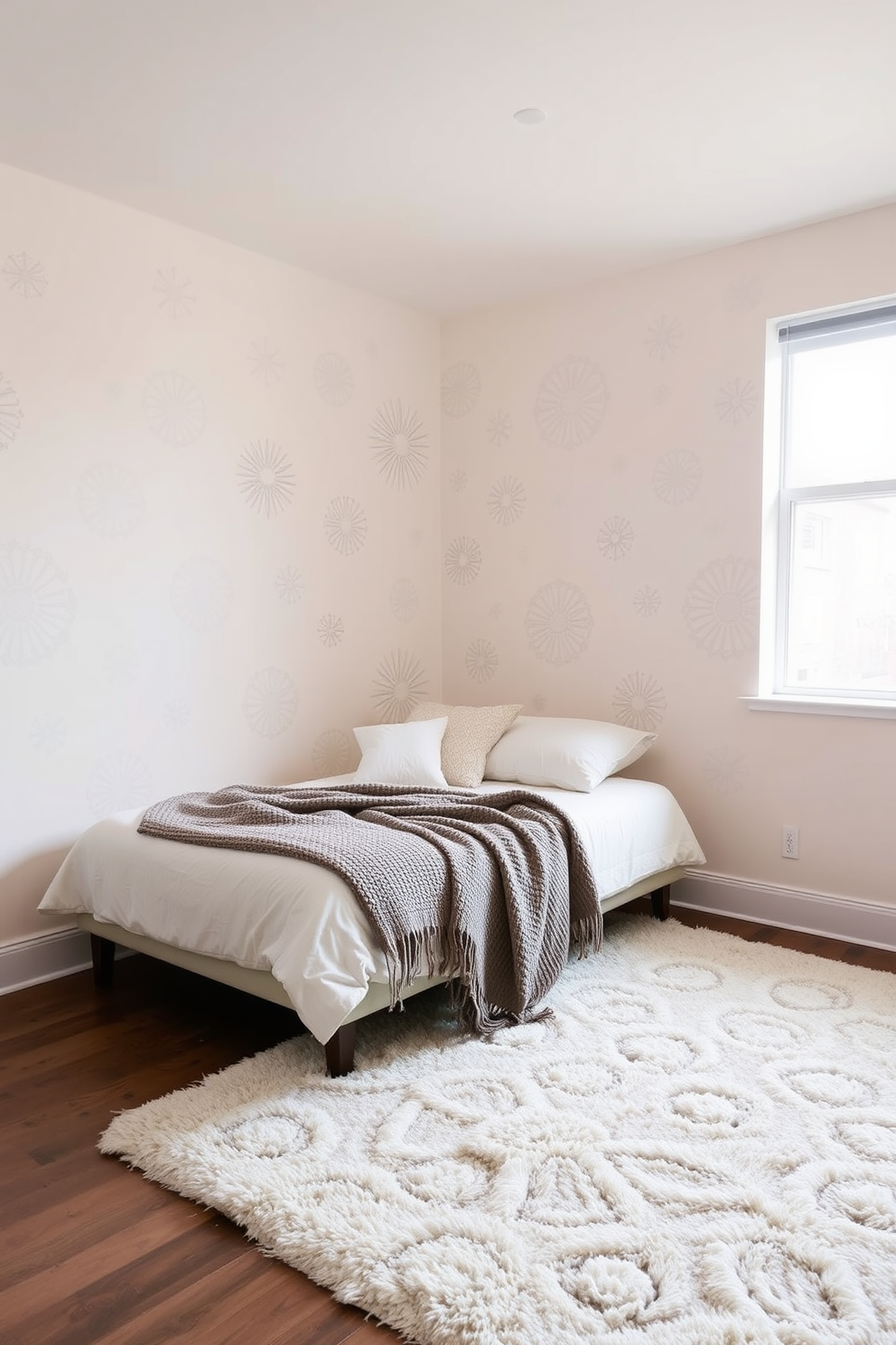 A serene bedroom featuring stenciled patterns on the walls that create a unique and artistic atmosphere. The color palette consists of soft pastels, enhancing the tranquility of the space while the patterns add visual interest. A cozy bed is positioned against the stenciled wall, adorned with plush pillows and a textured throw blanket. The floor is covered with a plush area rug that complements the wall design, providing warmth and comfort to the room.