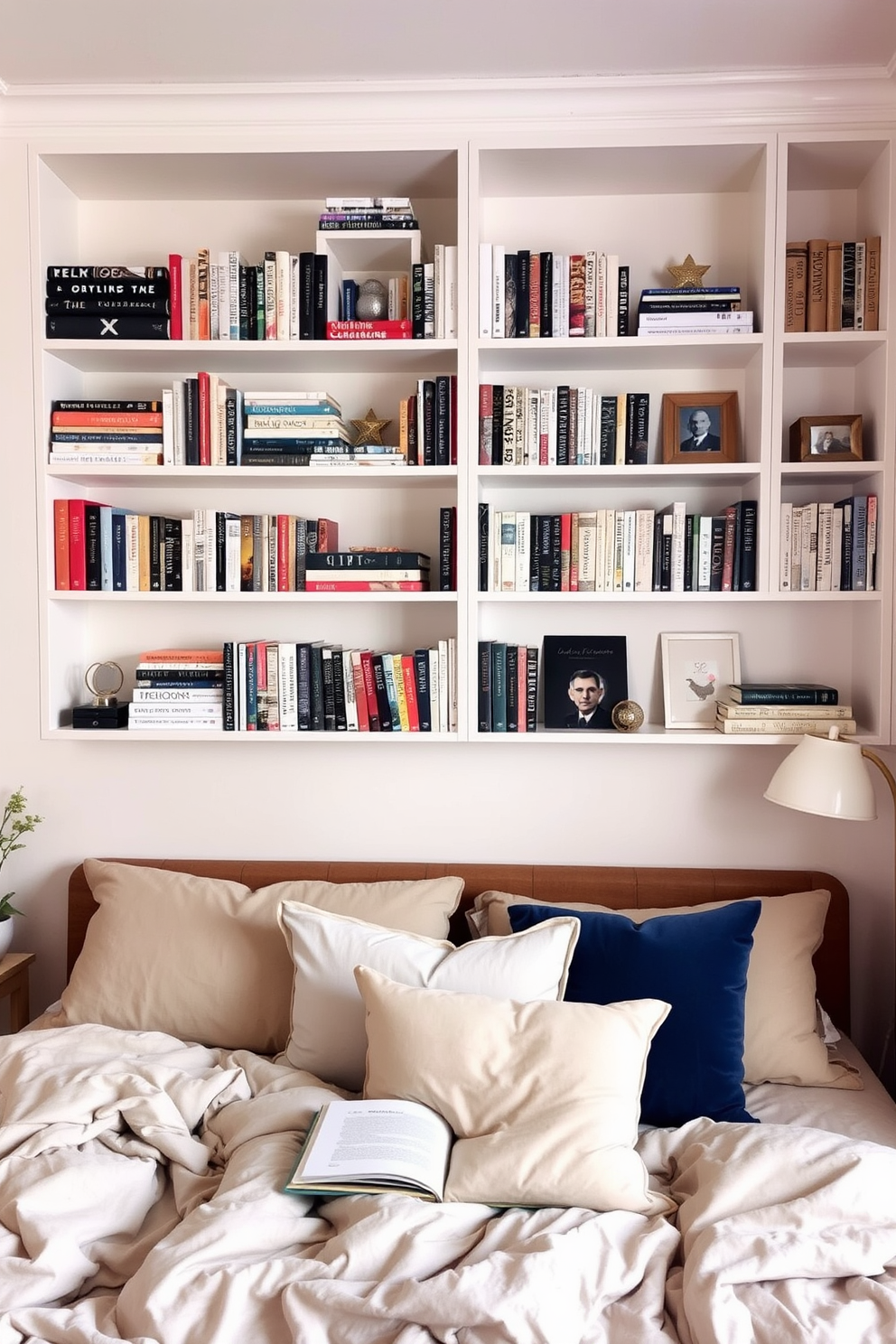 A cozy bedroom featuring wall-mounted bookshelves that blend seamlessly with the decor. The shelves are filled with an array of books and decorative items, creating a functional yet stylish focal point. The walls are painted in a soft pastel hue, providing a calming backdrop for the room. Plush bedding and a comfortable reading nook add to the inviting atmosphere, making it the perfect space for relaxation and inspiration.