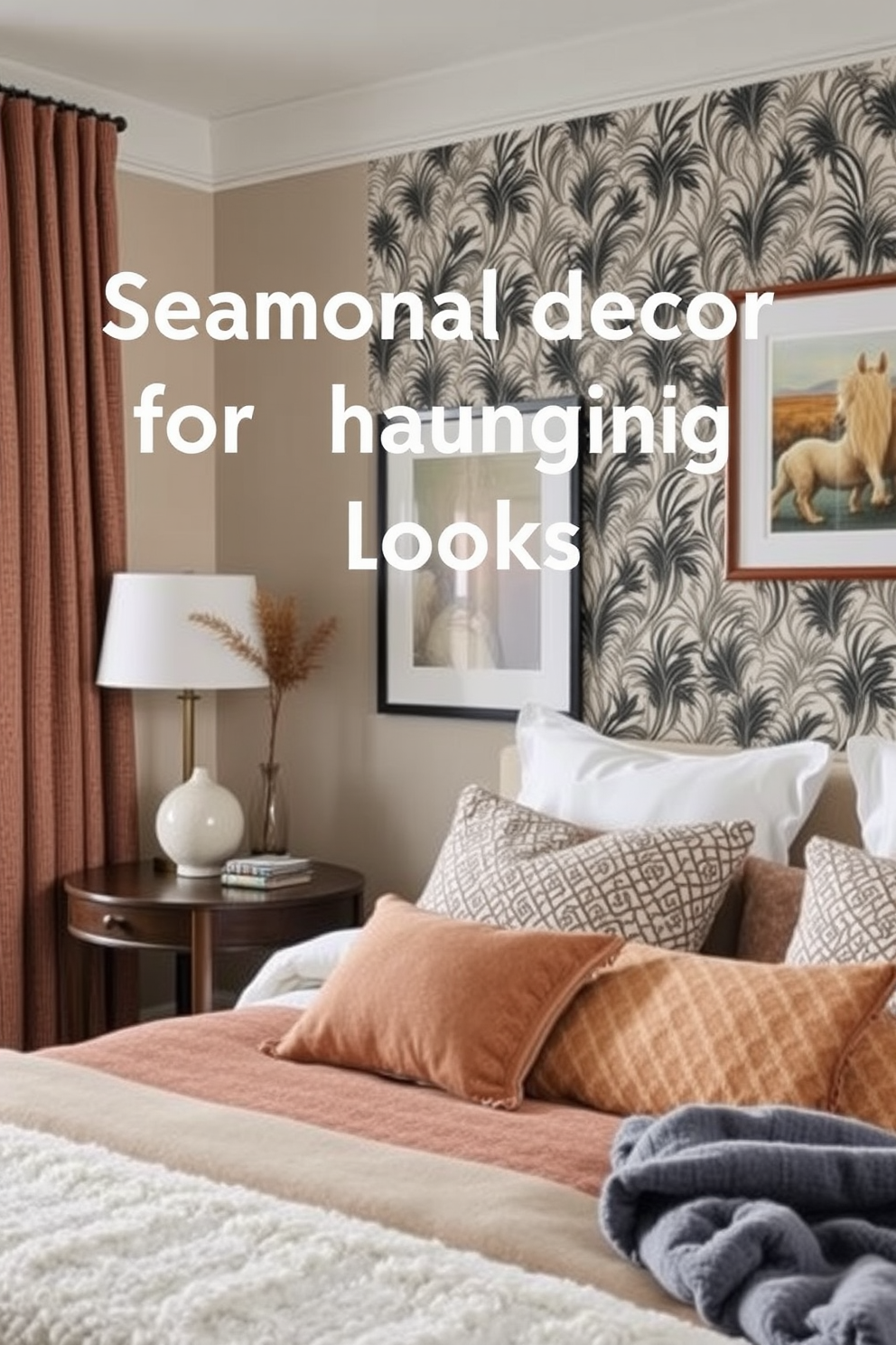 Seasonal decor for changing looks. The bedroom features a cozy atmosphere with soft textiles and warm colors that reflect the current season. Wall design ideas incorporate a mix of textures and patterns. A feature wall with a bold wallpaper adds depth, while framed artwork complements the overall aesthetic.