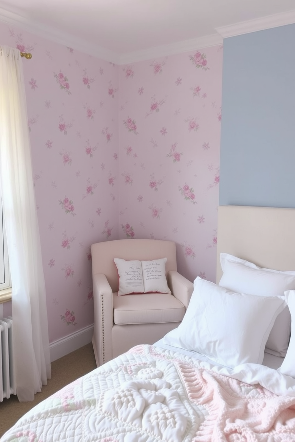 A serene bedroom setting featuring soft pastel colors that create a calming atmosphere. The walls are adorned with subtle floral patterns in light pink and lavender, complemented by a soft blue accent wall. The bedding consists of fluffy white pillows and a pastel quilt that adds a touch of warmth. A cozy reading nook with a pastel armchair sits by the window, inviting relaxation and tranquility.